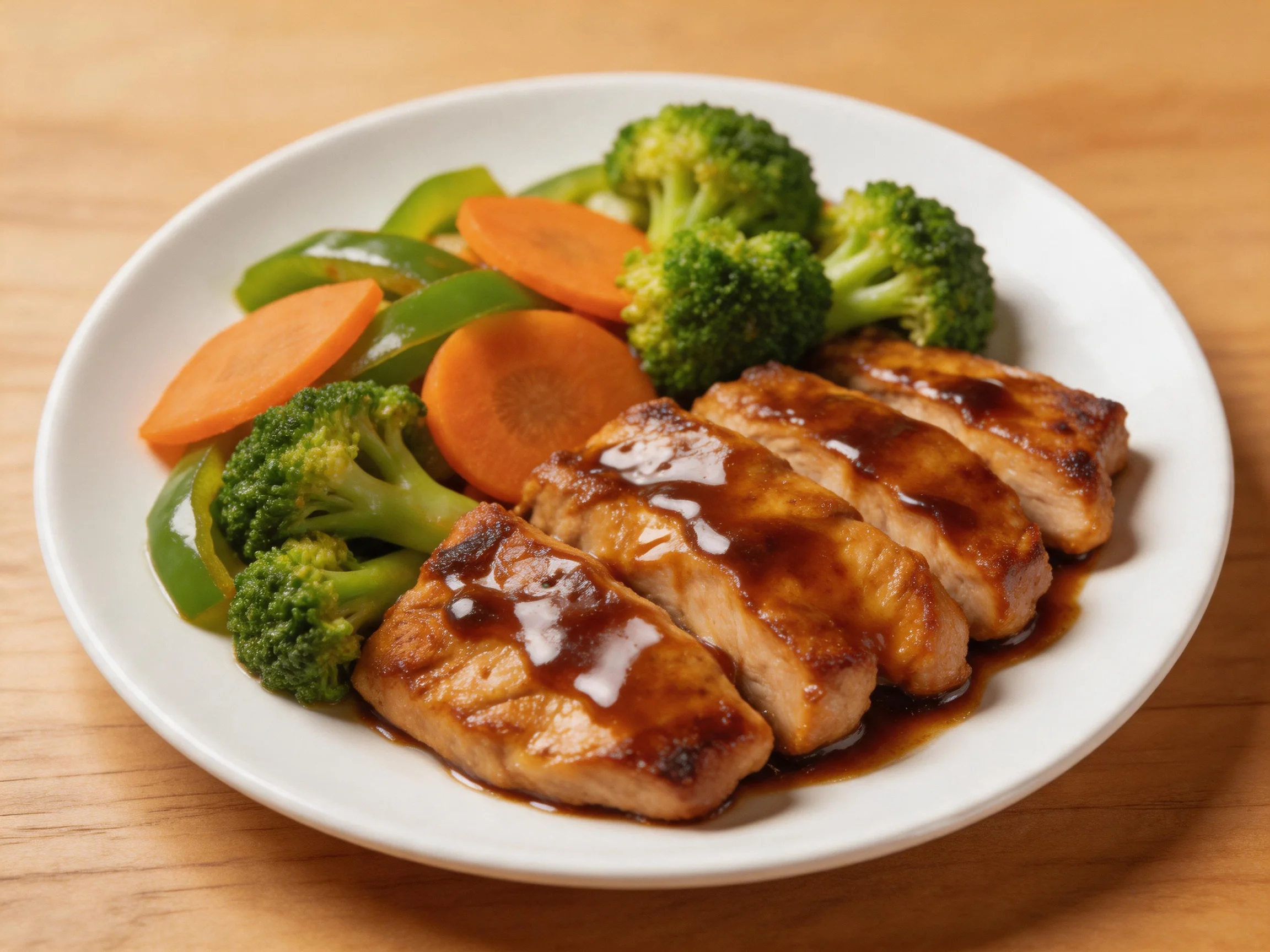 Grilled meat slices served with broccoli, carrots, and bell peppers