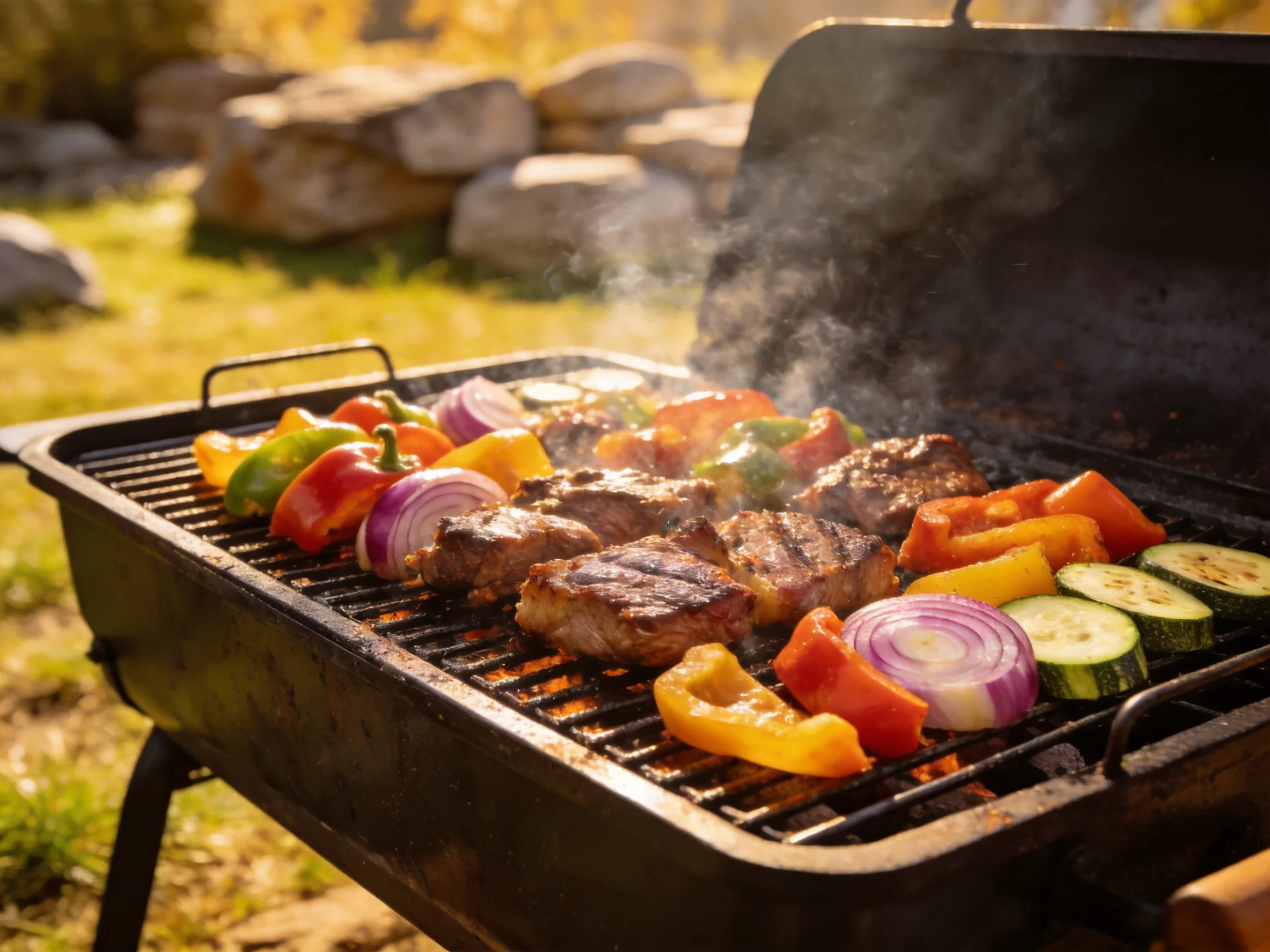 Grilled meats and colorful vegetables cooking on an outdoor barbecue