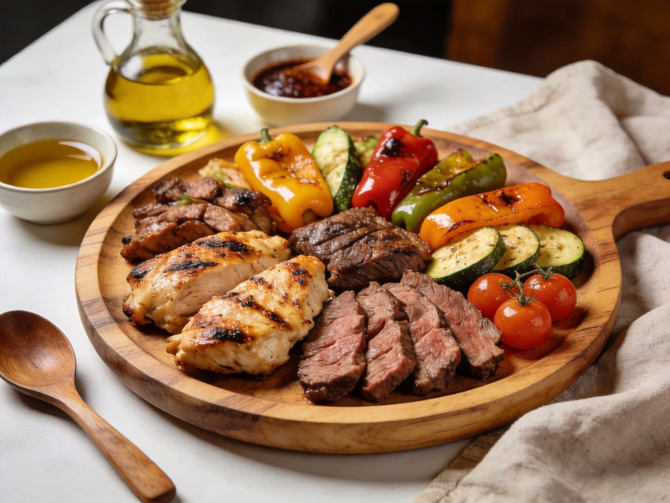 Grilled meats and colorful vegetables on a wooden platter with sauces