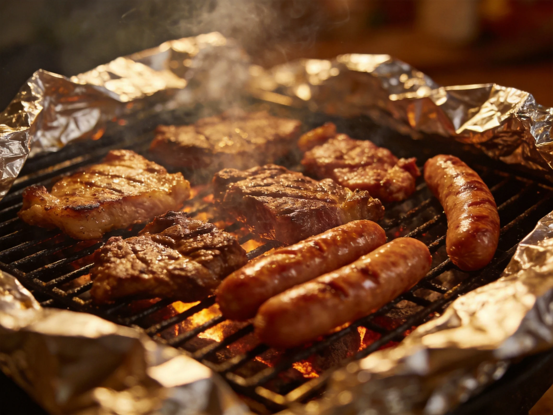 Grilled meats and sausages sizzle over glowing embers