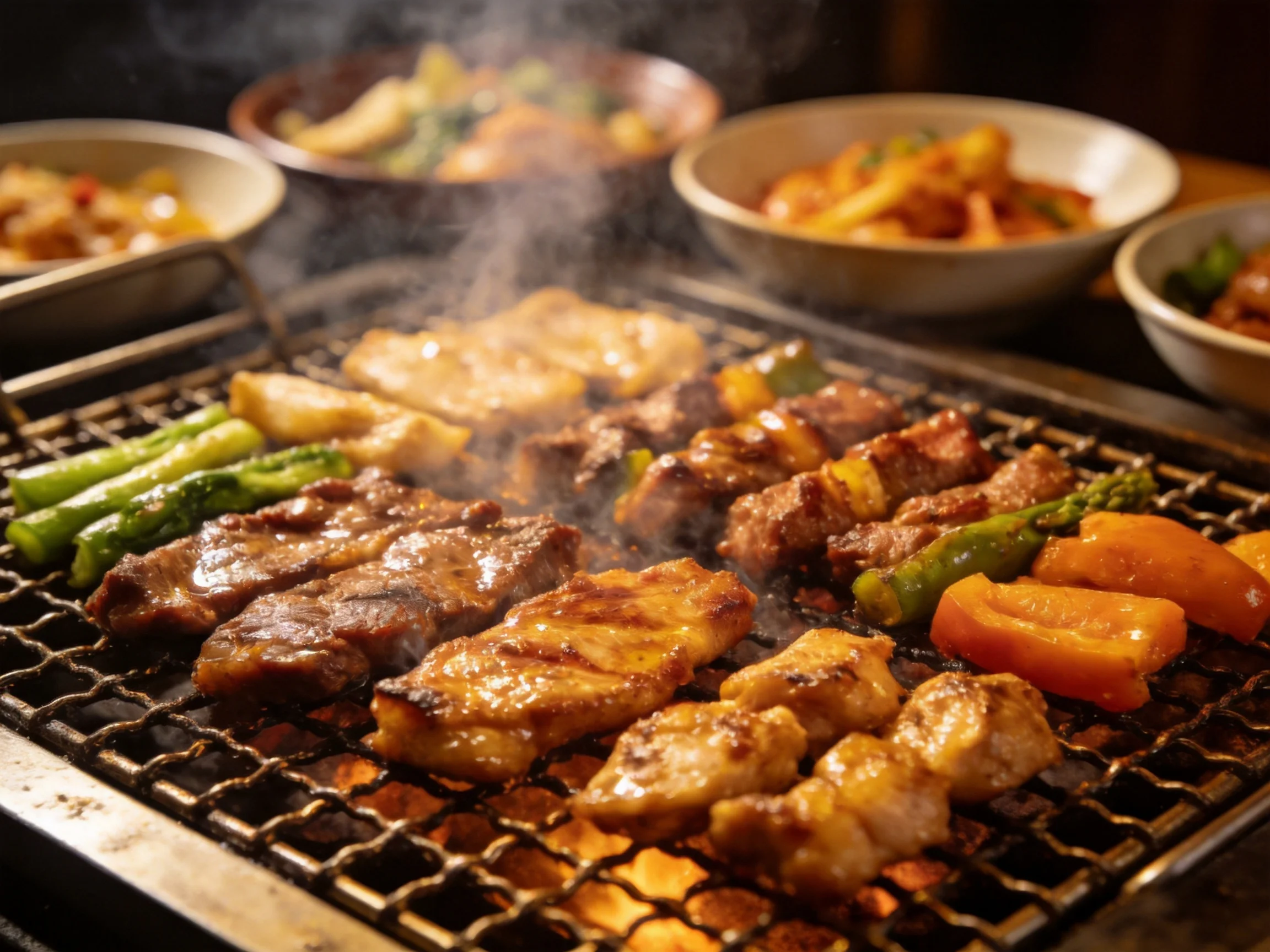 Grilled meats and vegetables cook over an open flame with side dishes