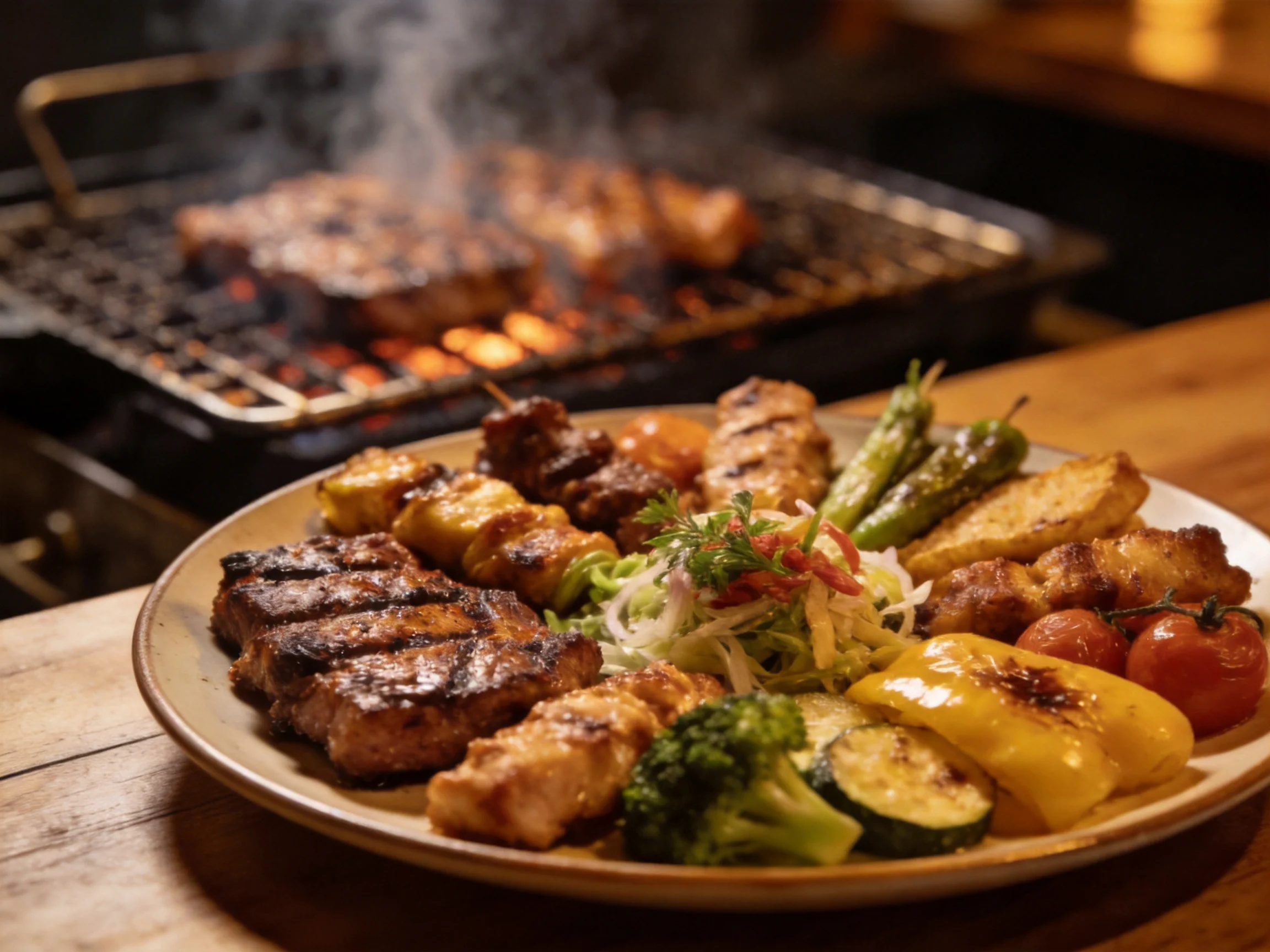 Grilled meats and vegetables served with fresh salad near a smoking barbecue