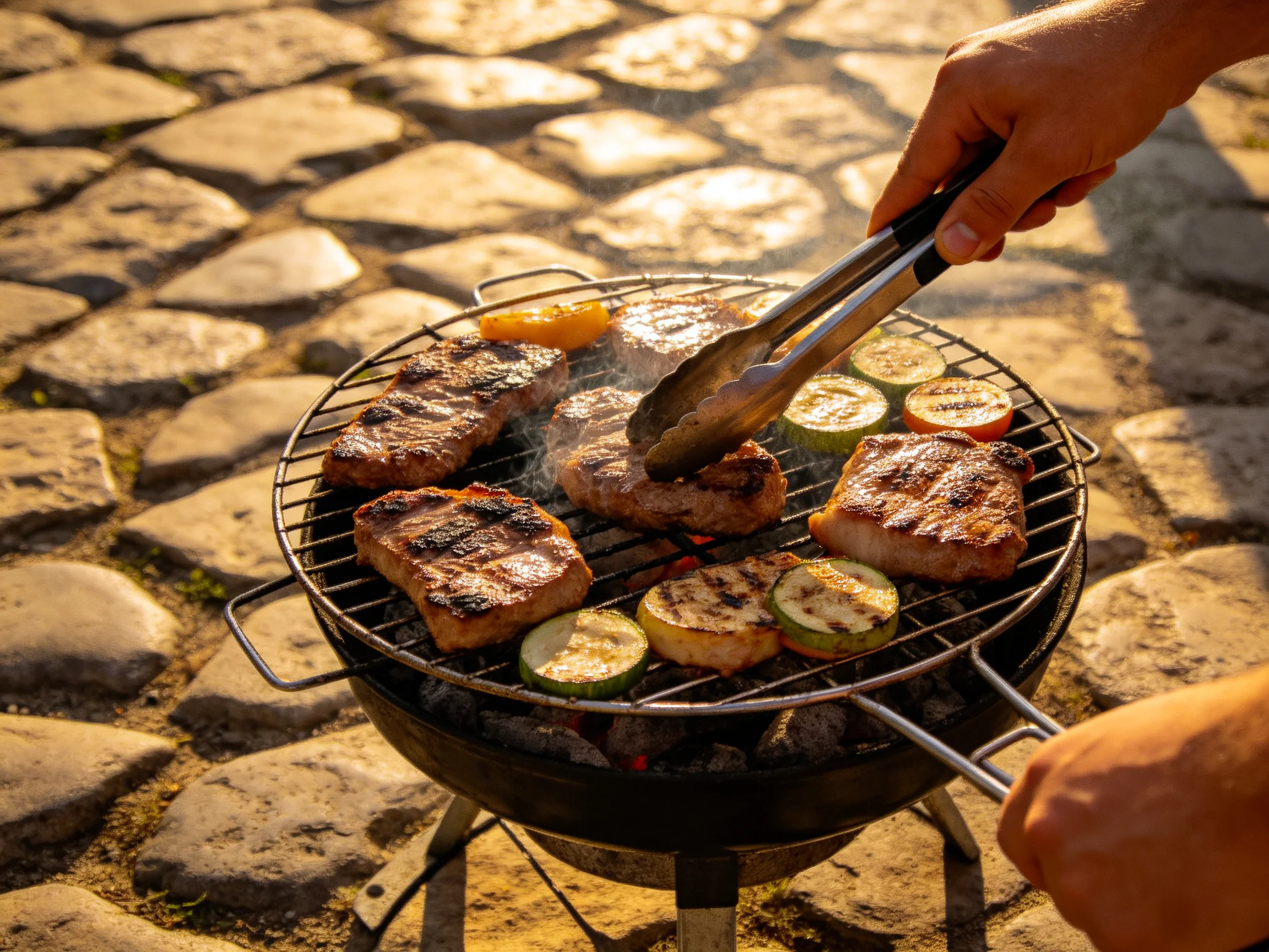 Grilled meats and vegetables sizzle on a charcoal barbecue outdoors