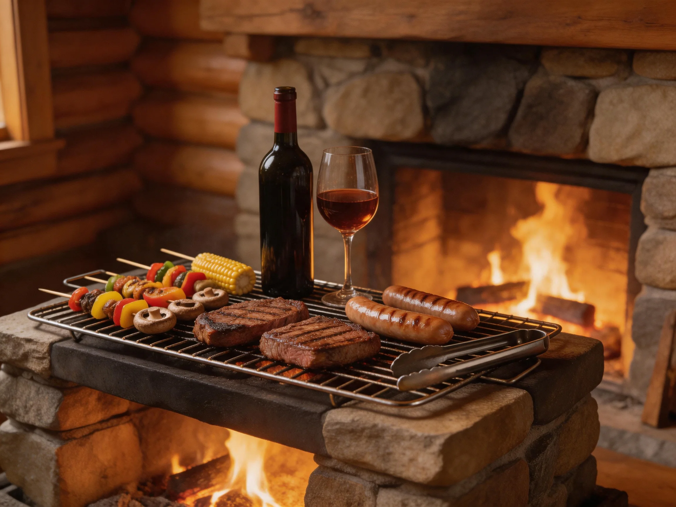 Grilled meats and veggies near a stone fireplace with wine