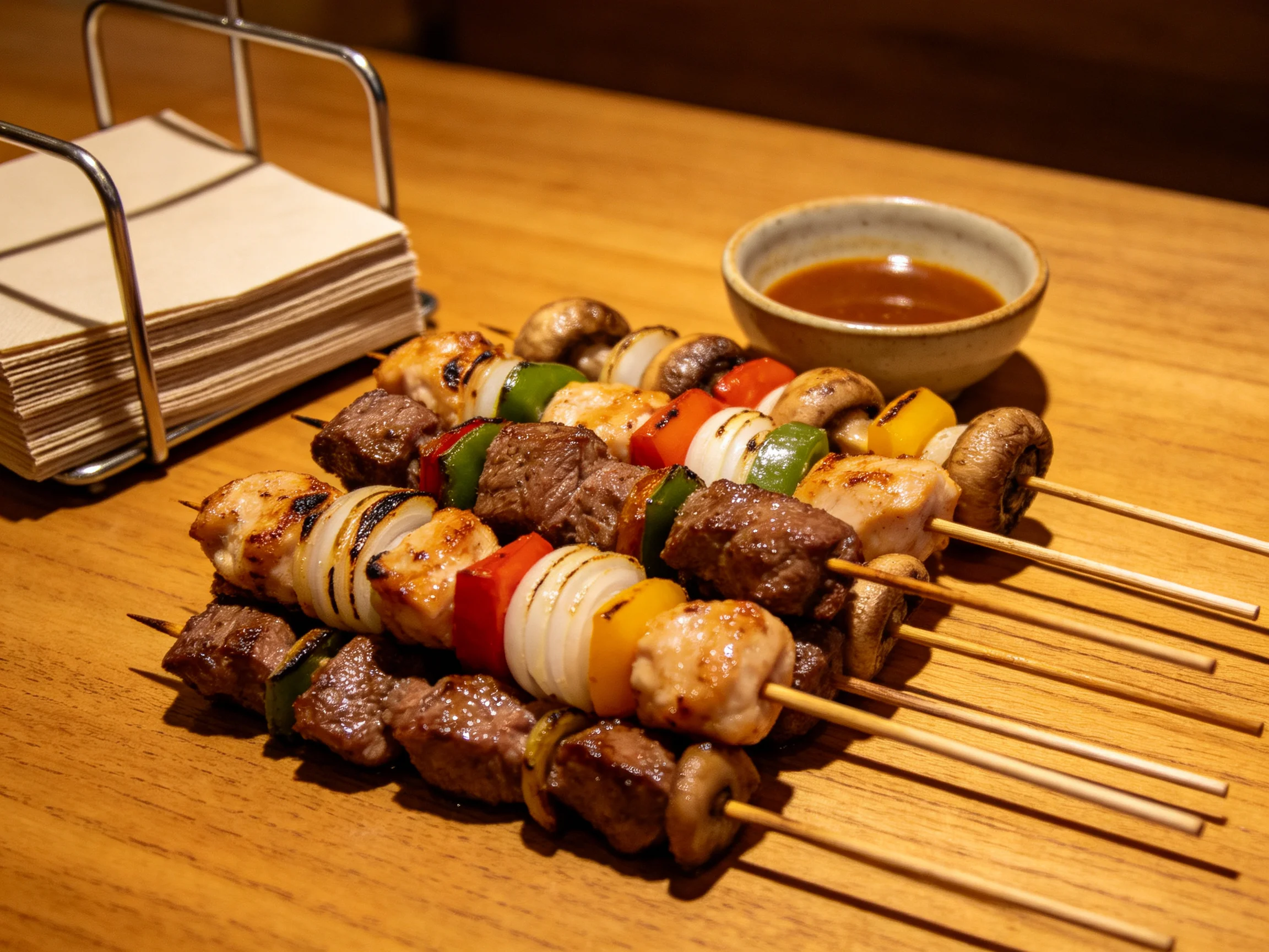 Grilled mixed skewers with meats, veggies, and sauce on wooden table