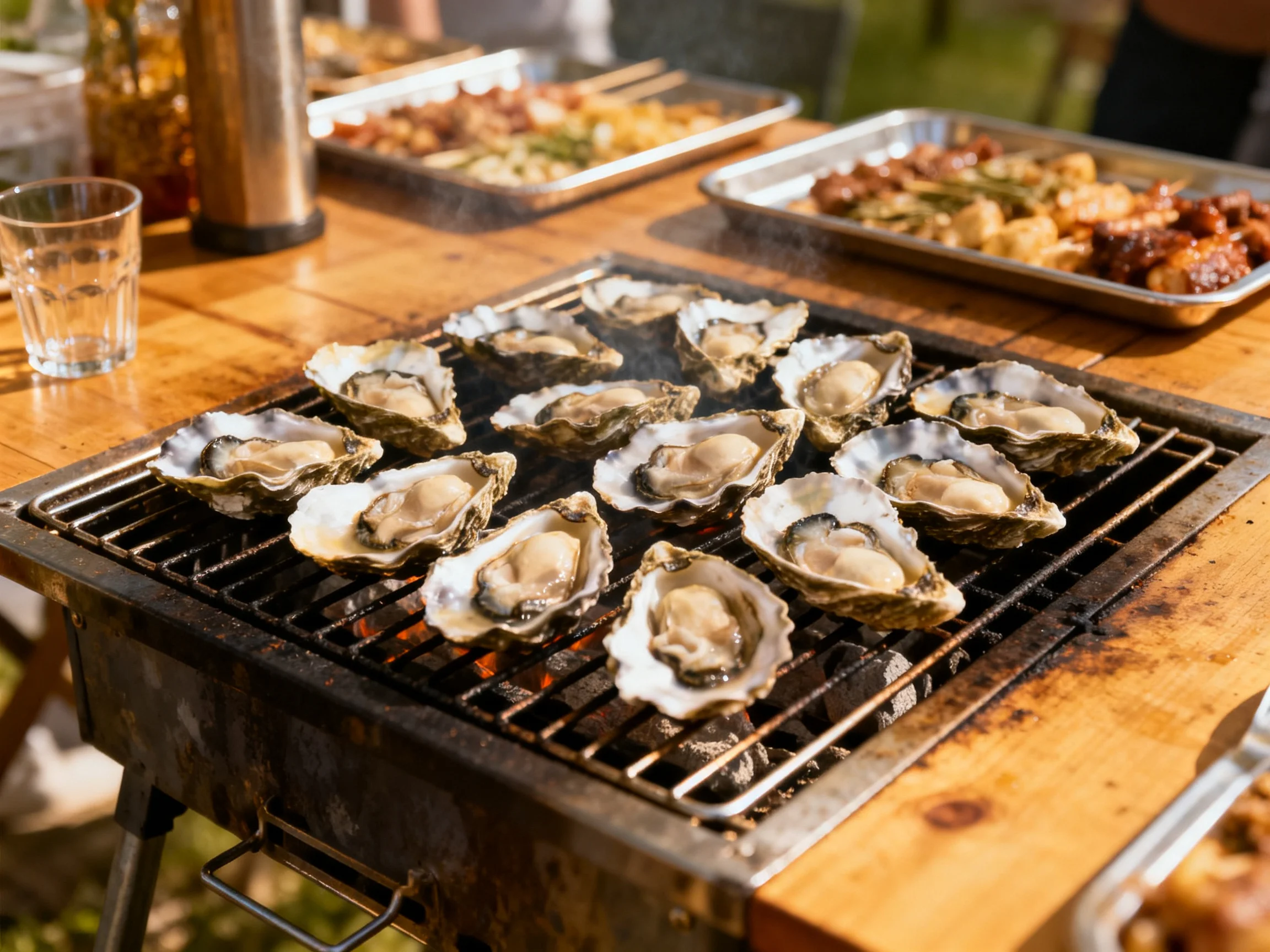 Grilled oysters on a charcoal grill beside wooden tables with prepared dishes