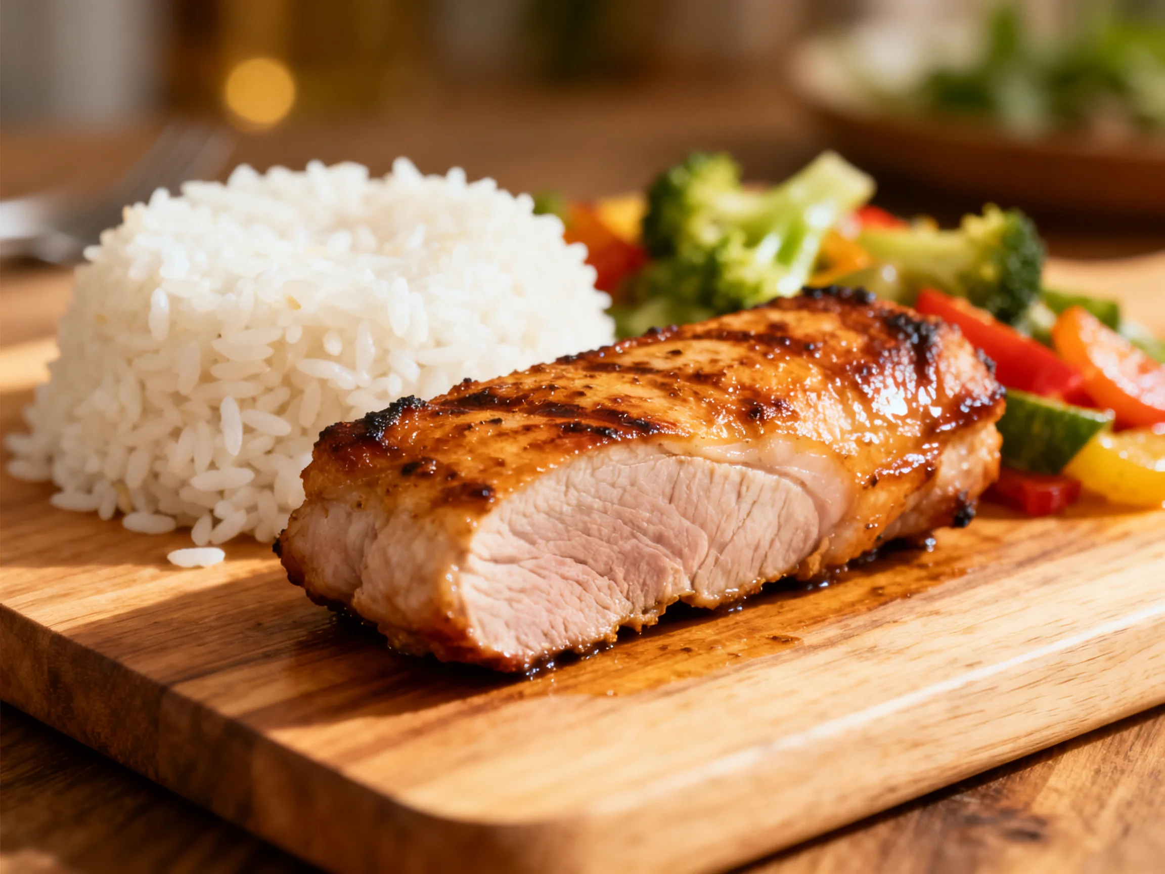 Grilled pork chop, white rice, and mixed vegetables on a wooden serving board