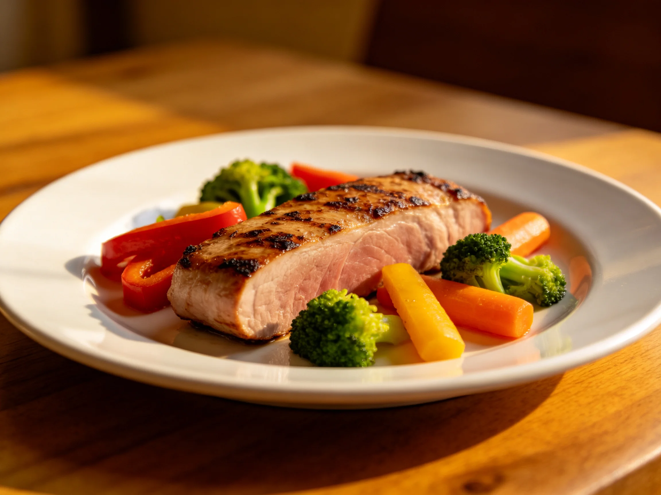 Grilled pork chop with colorful vegetables on a white plate