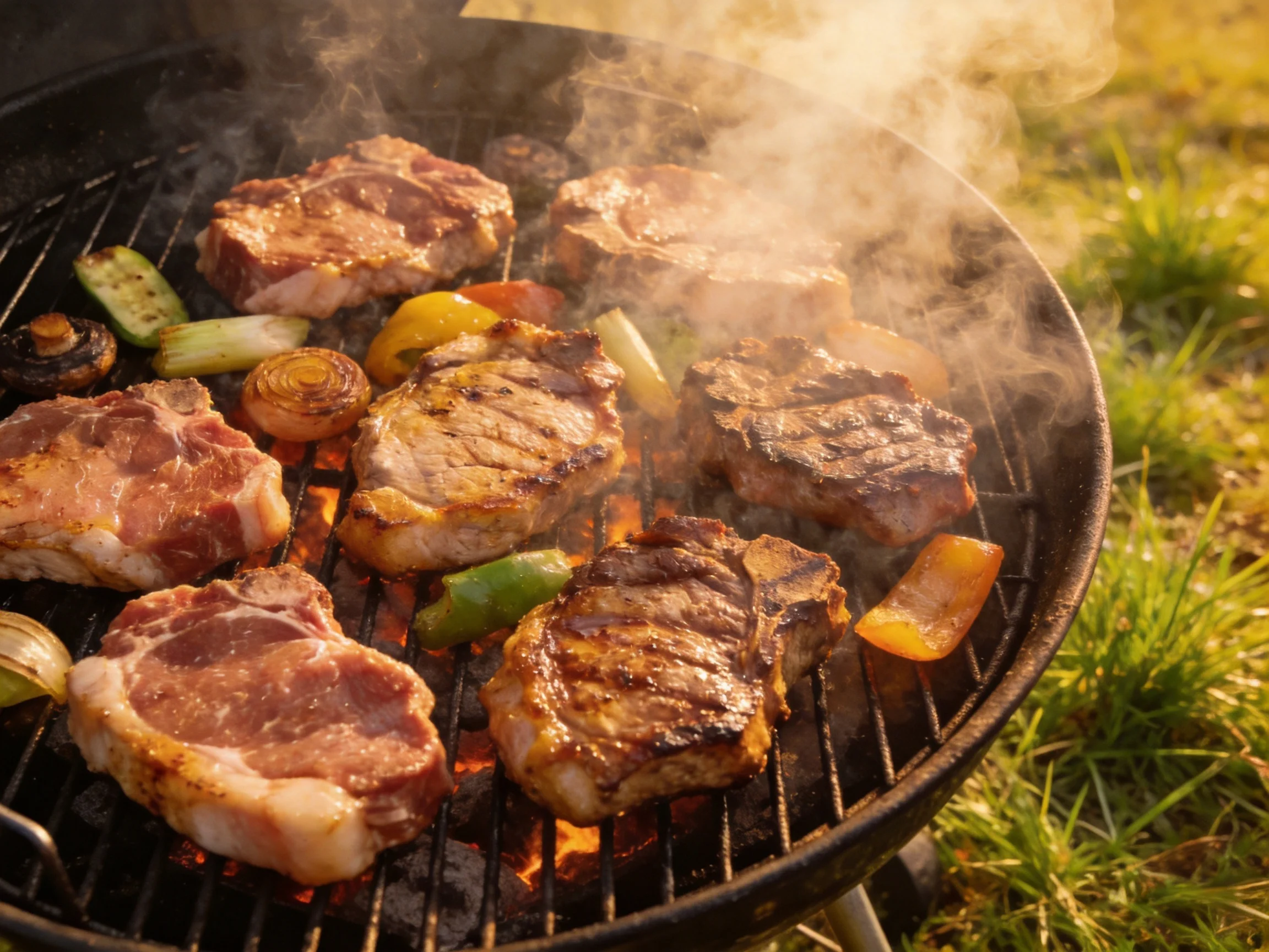 Grilled pork chops and vegetables barbecue over hot coals outdoors