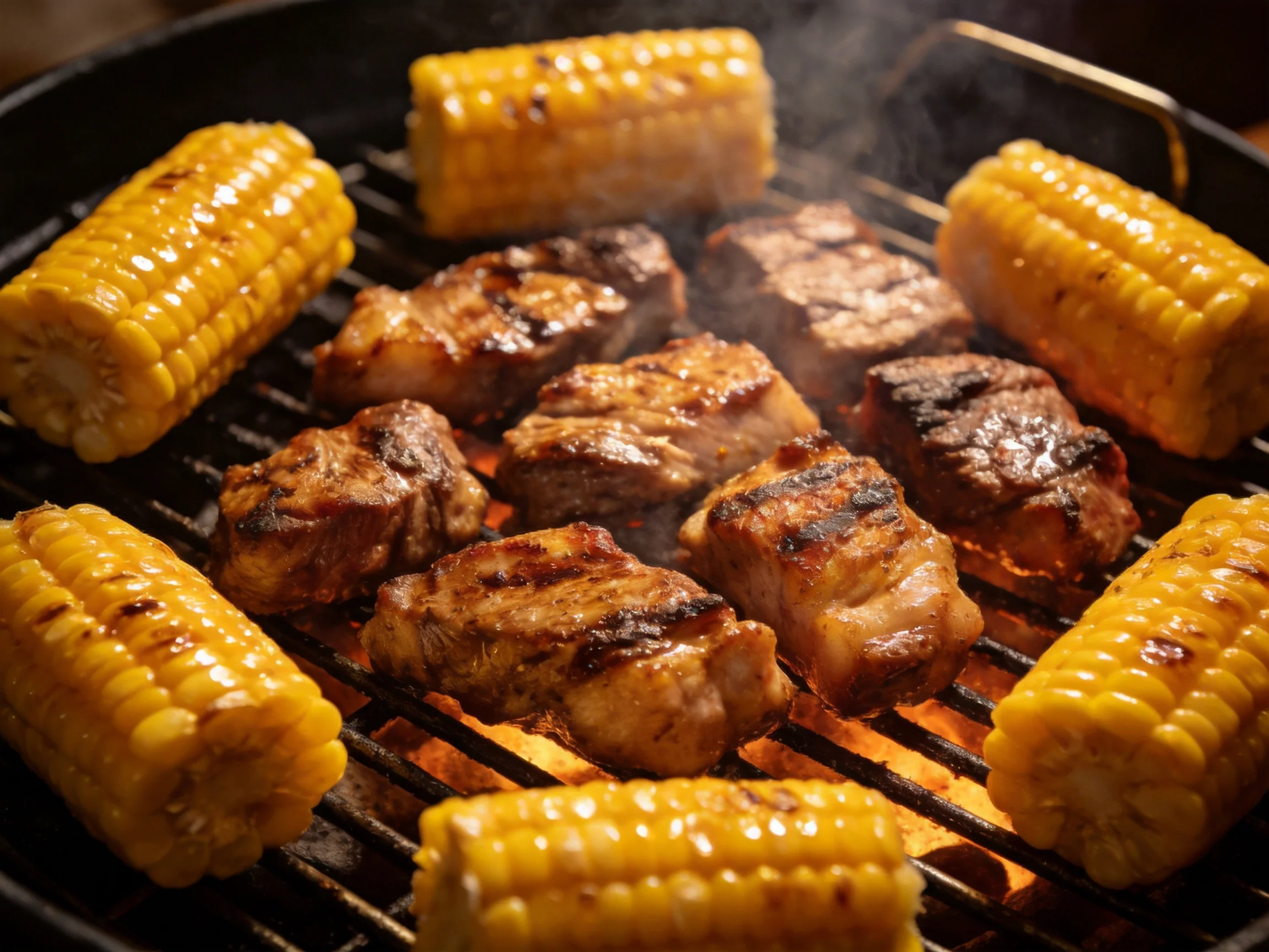 Grilled pork chunks and golden corn cobs sizzling over an open flame