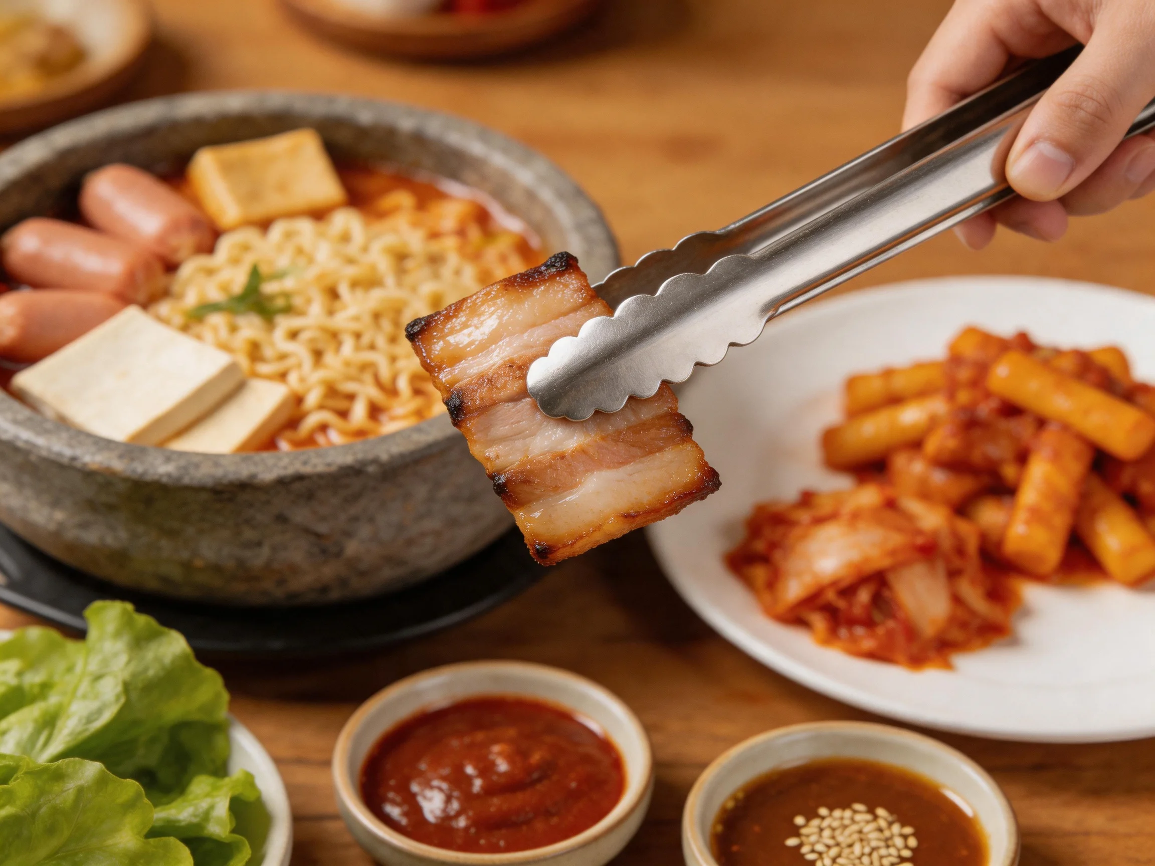Grilled pork over ramen with kimchi and side dishes