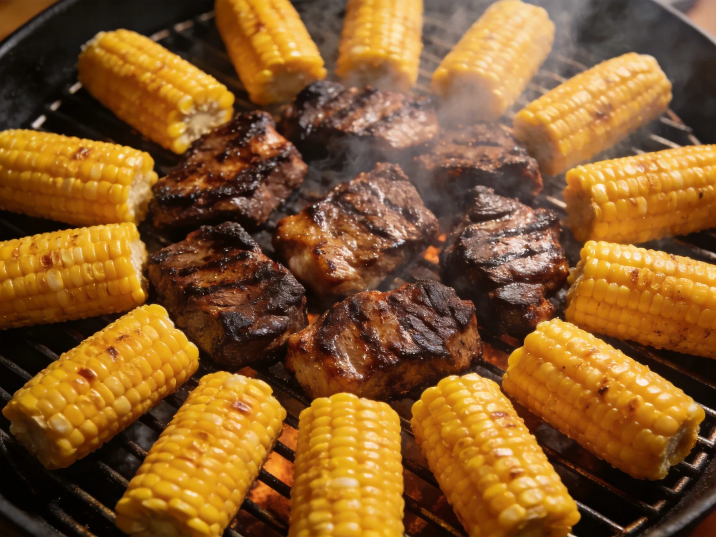 Grilled pork ribs and corn on the cob cook over a charcoal grill
