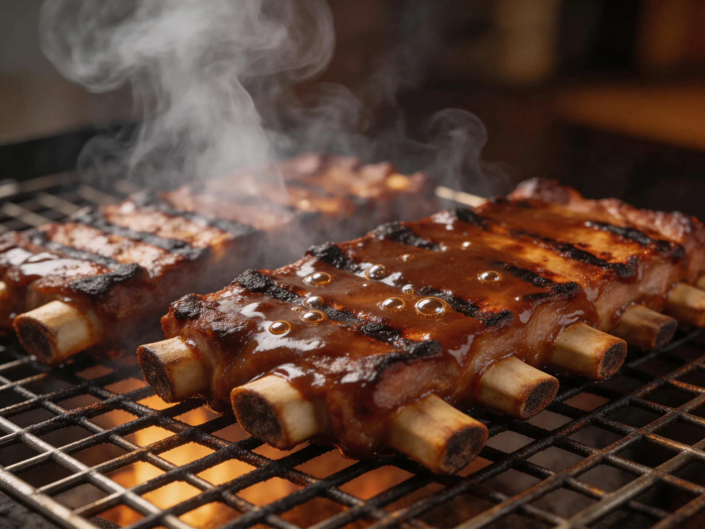 Grilled pork ribs coated in barbecue sauce sizzle over an open flame