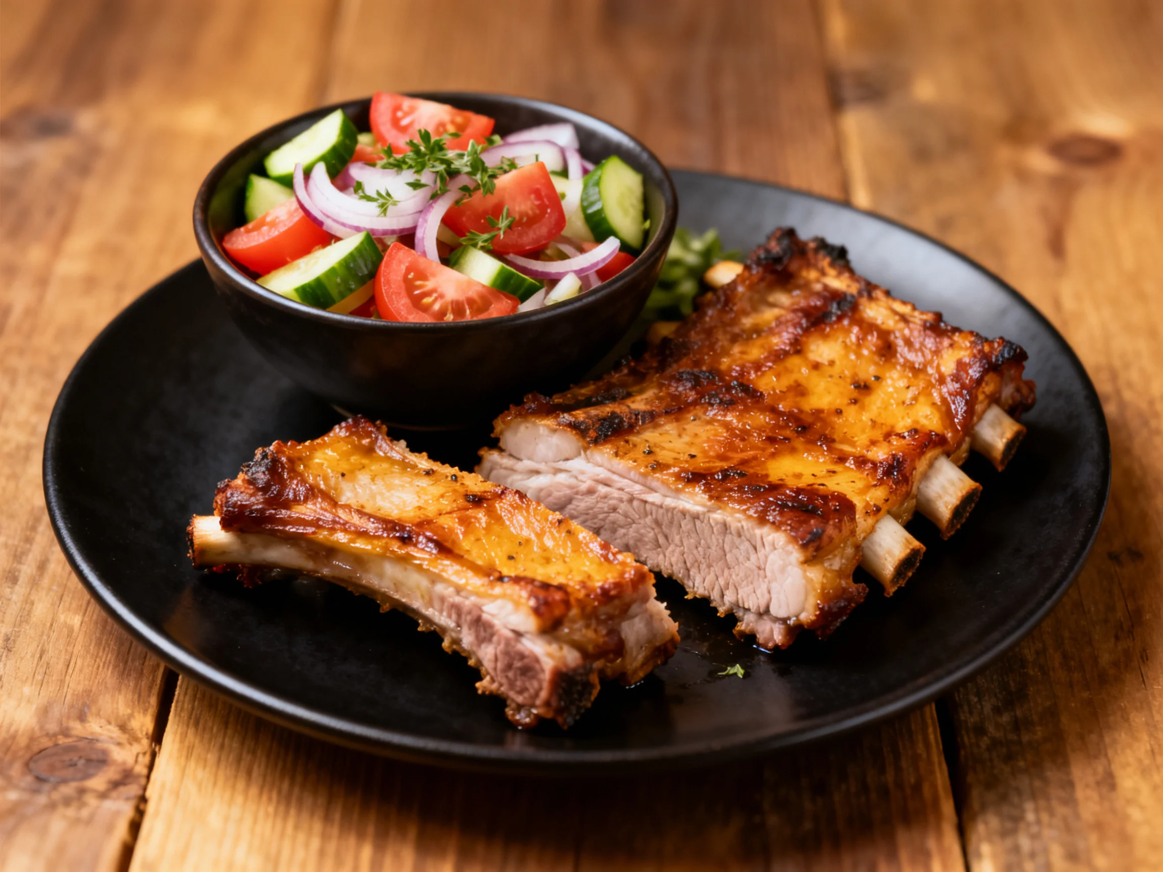 Grilled pork ribs served with fresh vegetable salad on a black plate
