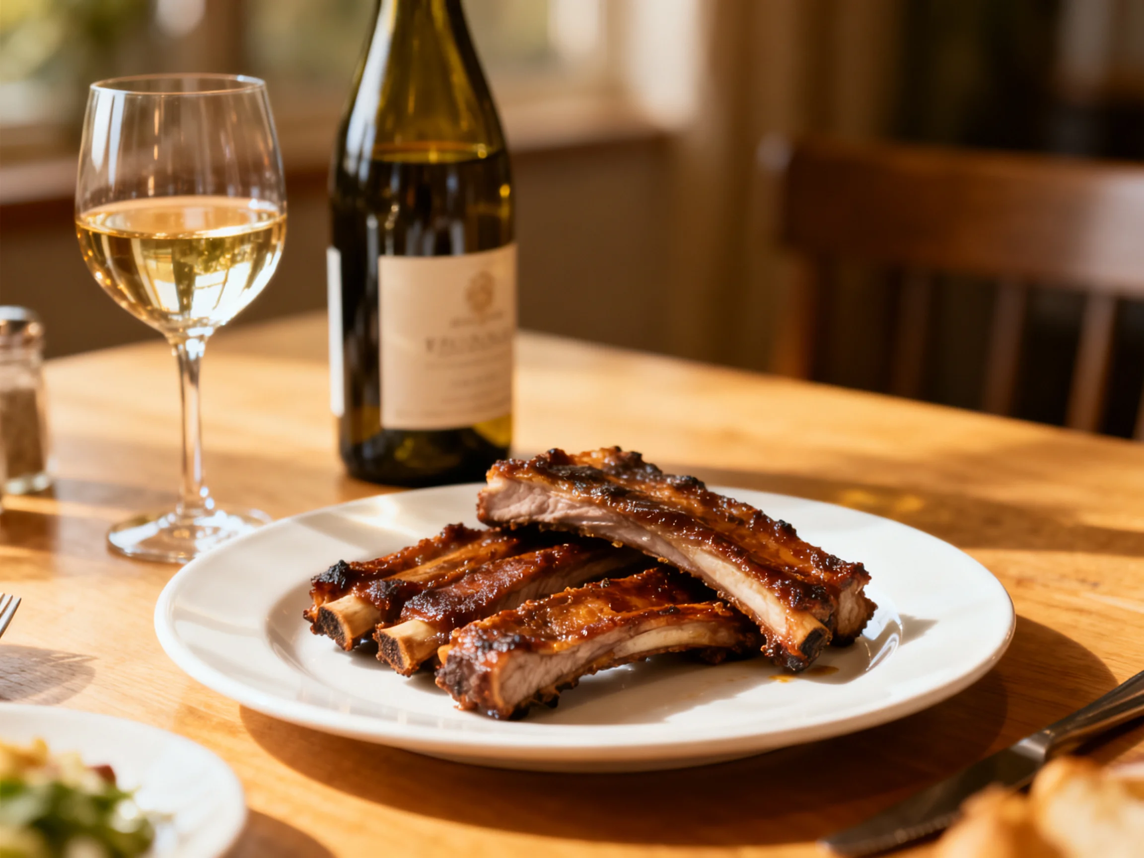 Grilled pork ribs are served beside a glass of white wine on a wooden table.