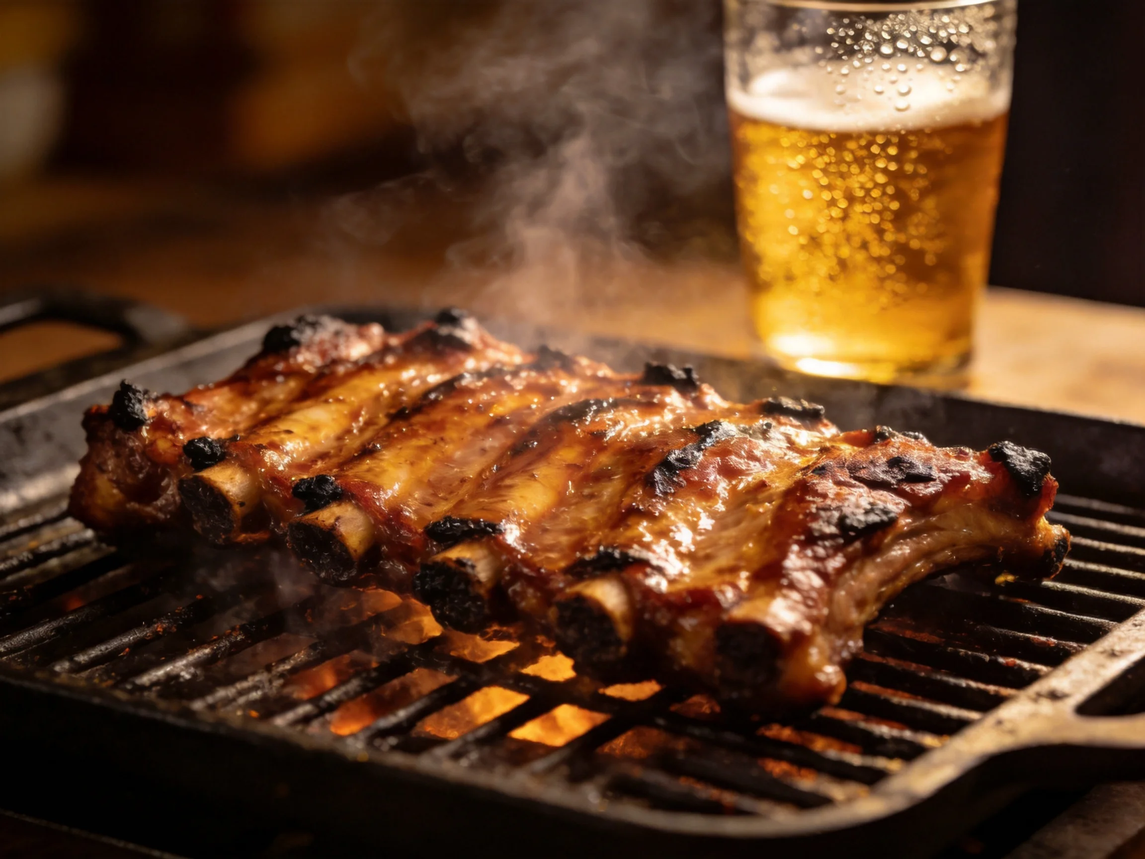 Grilled pork ribs sizzle on a cast iron grill beside a frosty glass of beer
