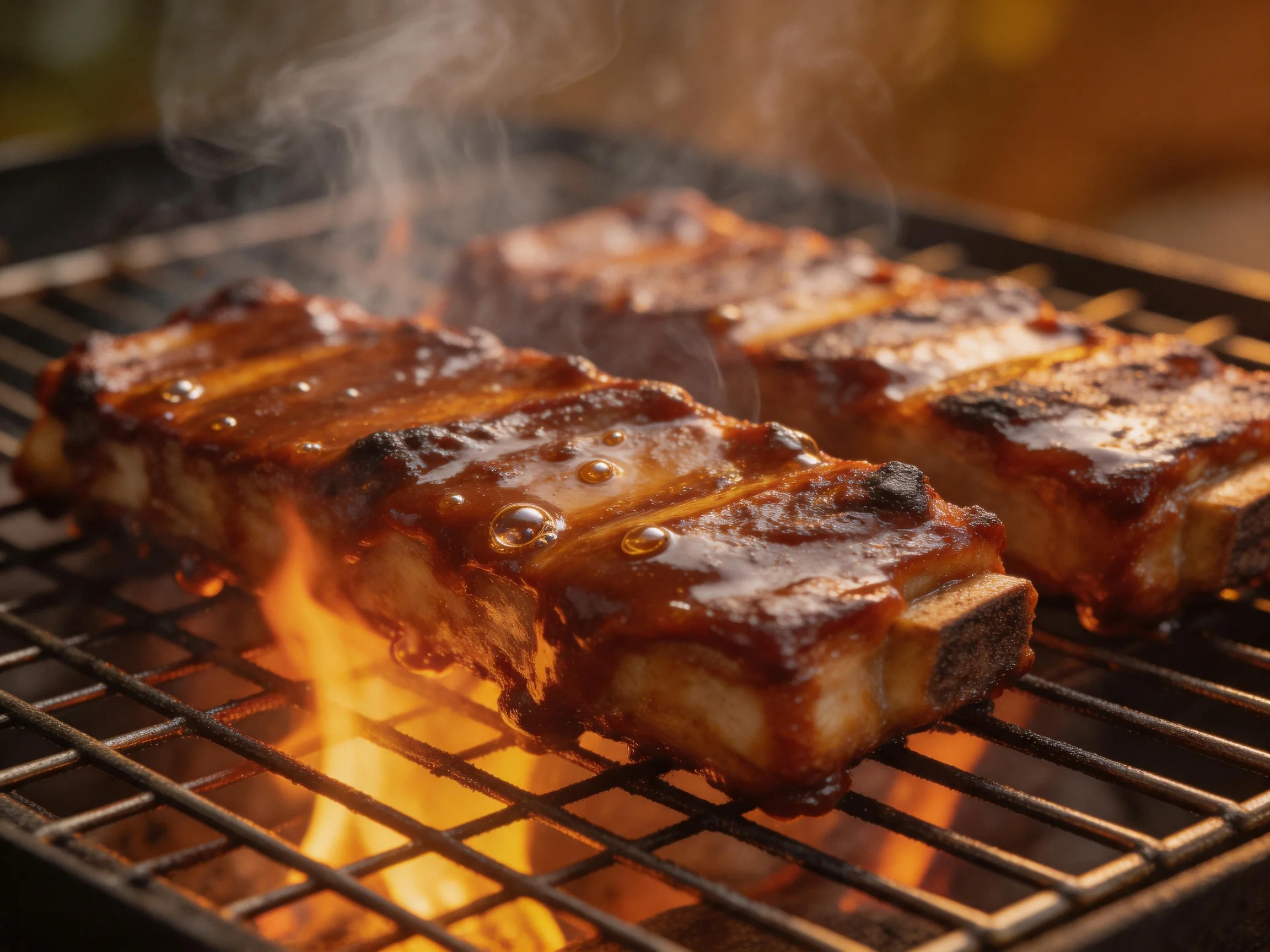 Grilled pork ribs sizzle over bright flames with glossy sauce