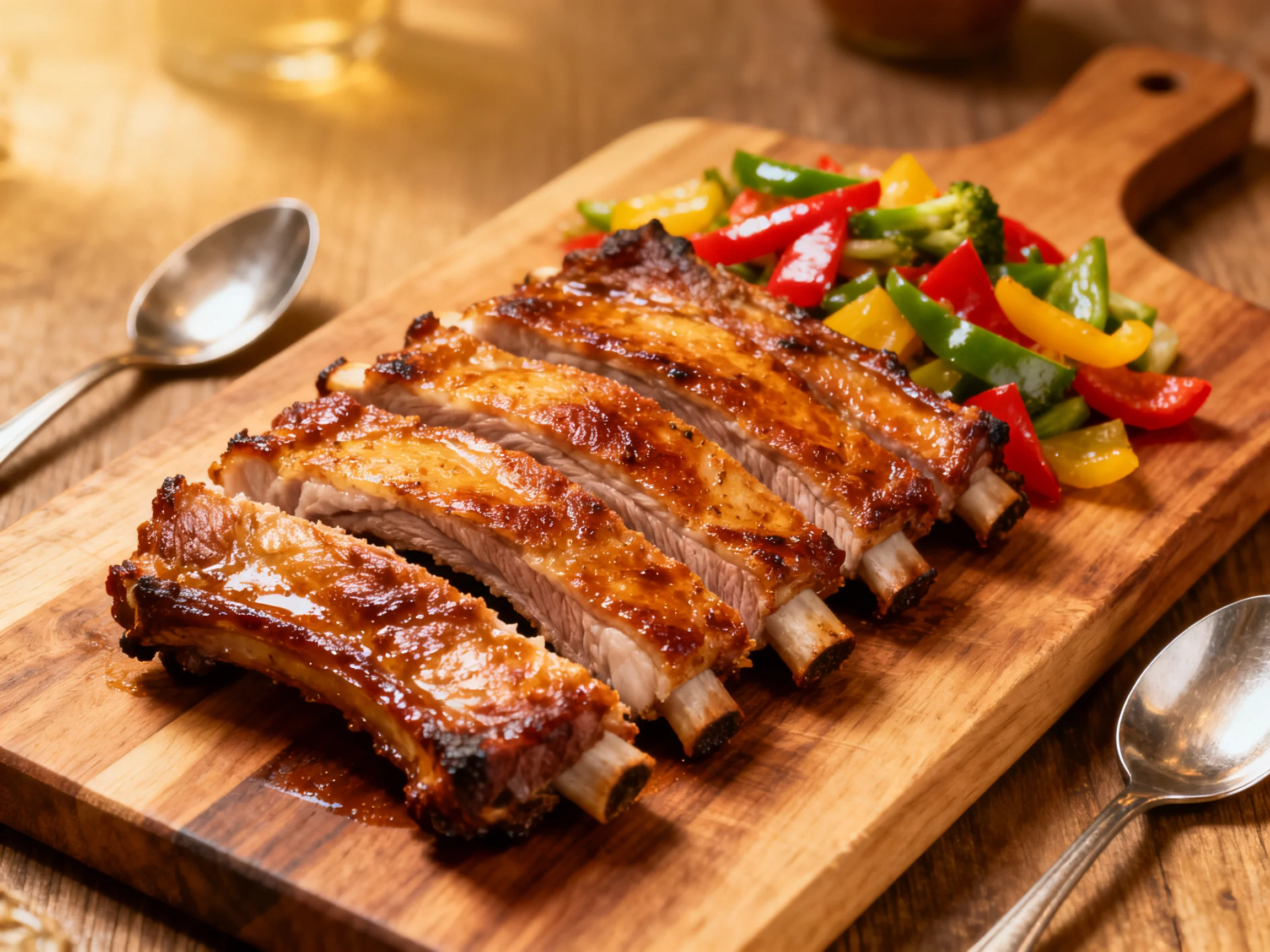 Grilled pork ribs with colorful mixed bell peppers on a wooden serving board