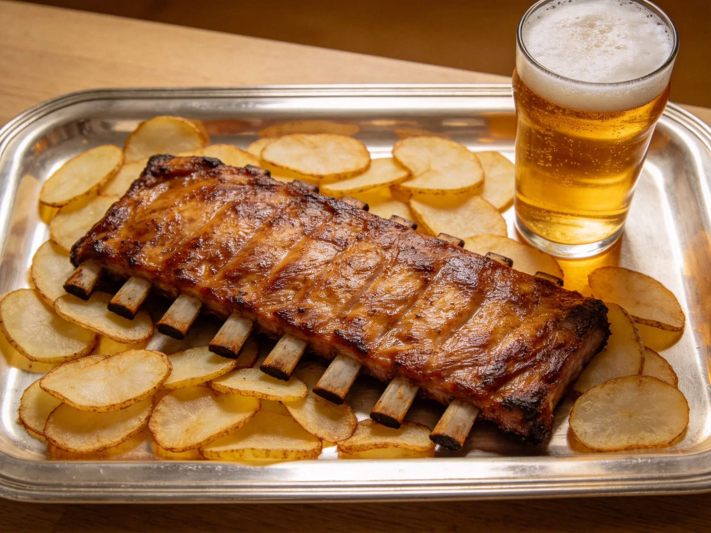 Grilled pork ribs with crispy potato slices and a frothy glass of beer