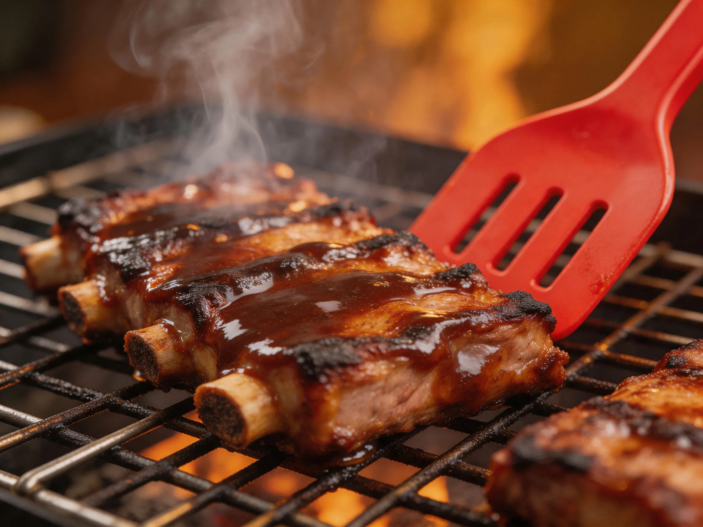 Grilled pork ribs with dark sauce on a charcoal grill