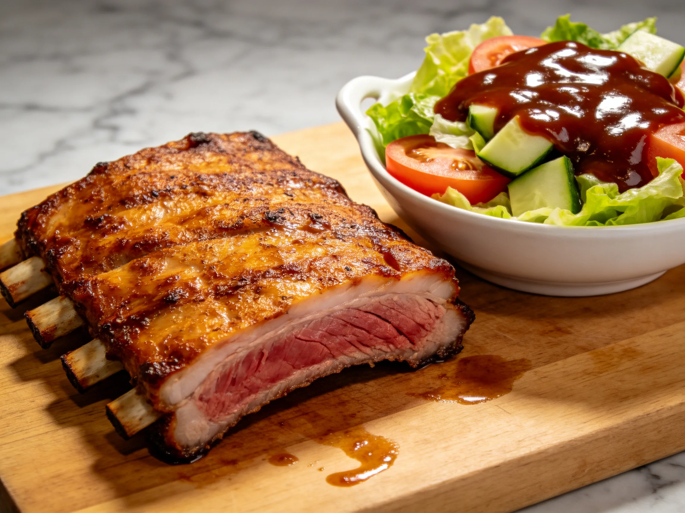 Grilled pork ribs with fresh vegetable salad topped with barbecue sauce