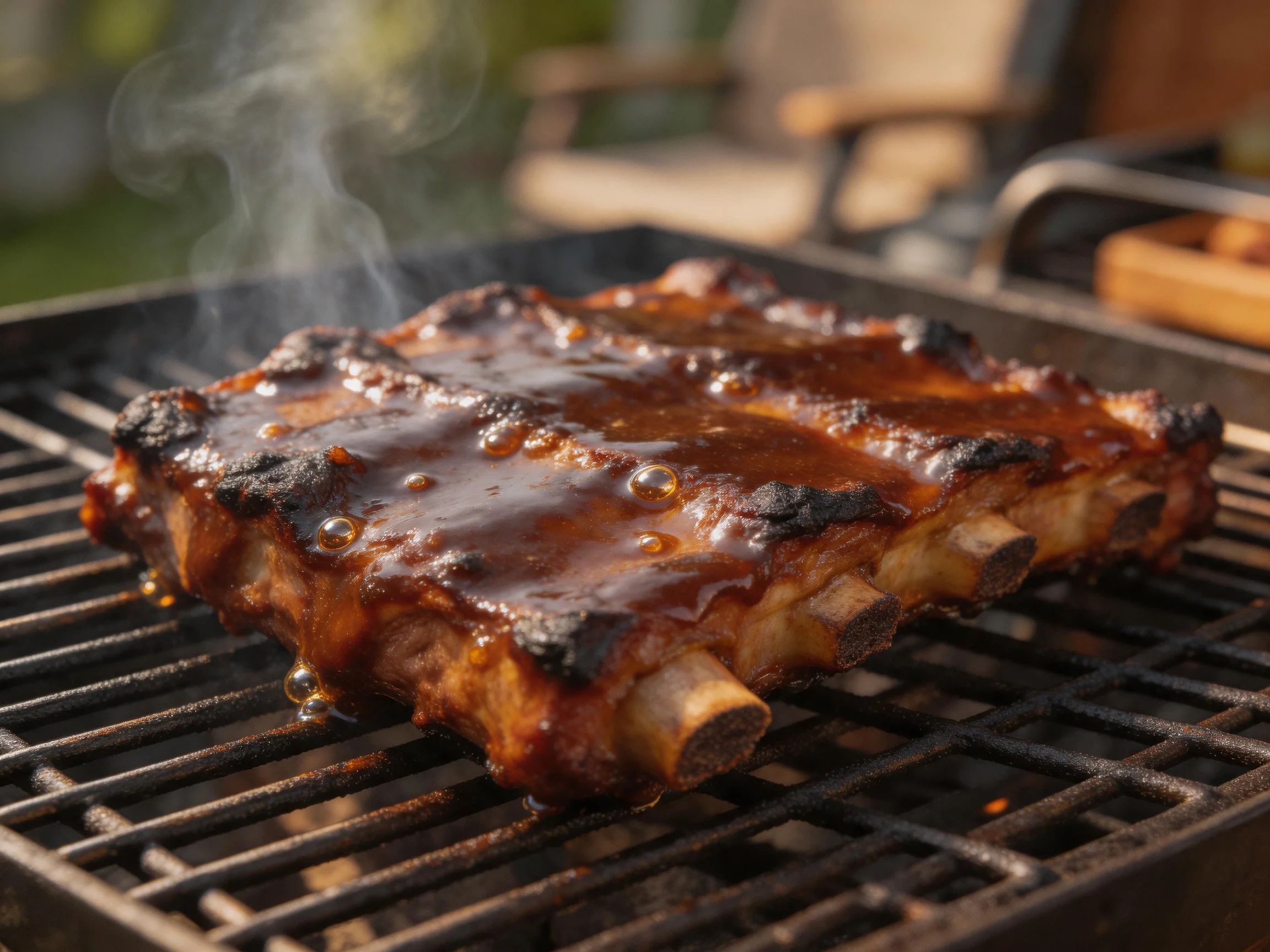 Grilled pork ribs with glossy sauce cooking outdoors