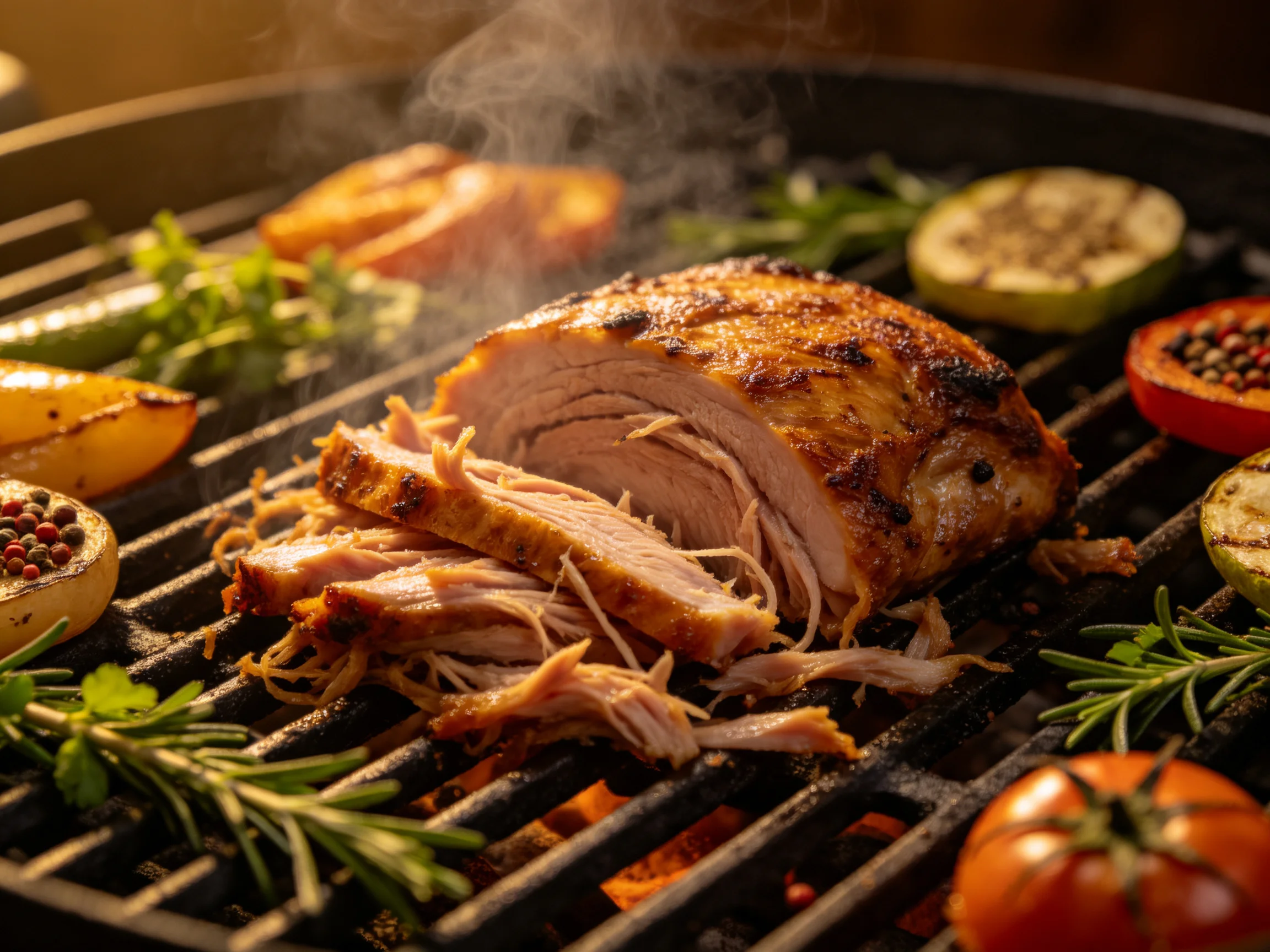 Grilled pork roast with assorted vegetables on a barbecue grill