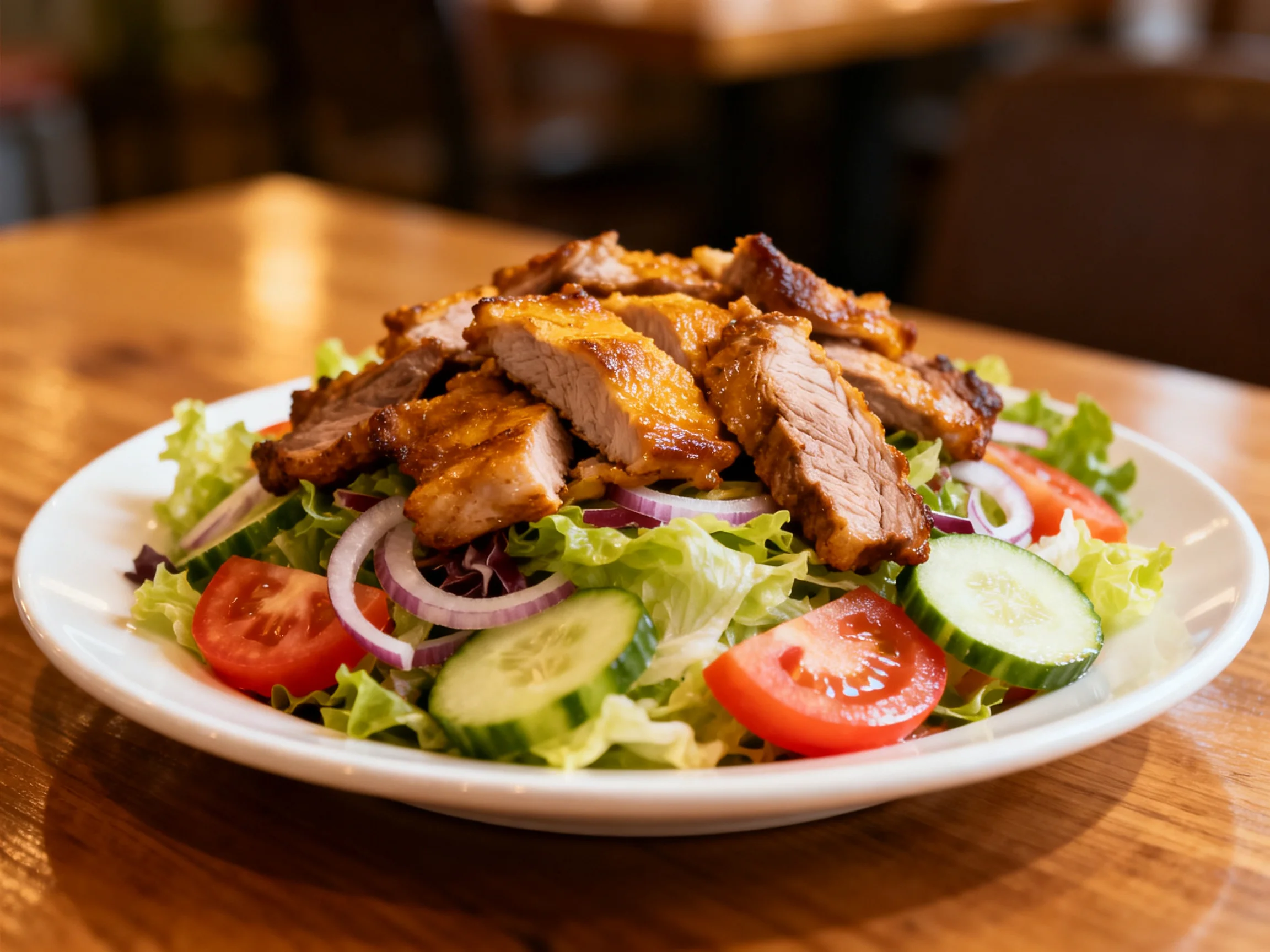 Grilled pork salad with mixed greens and fresh vegetables on a wooden table