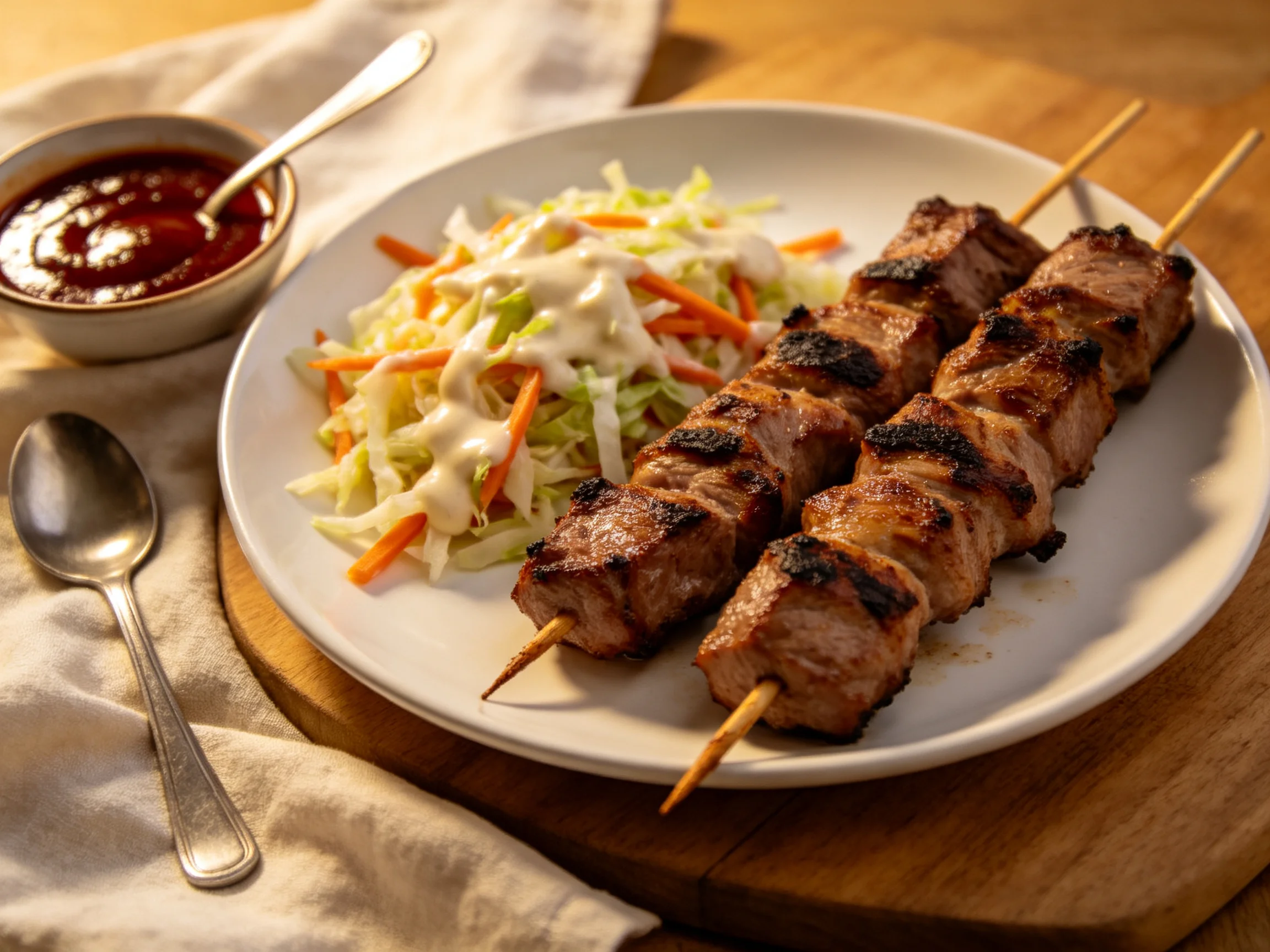 Grilled pork skewers served with coleslaw and barbecue sauce