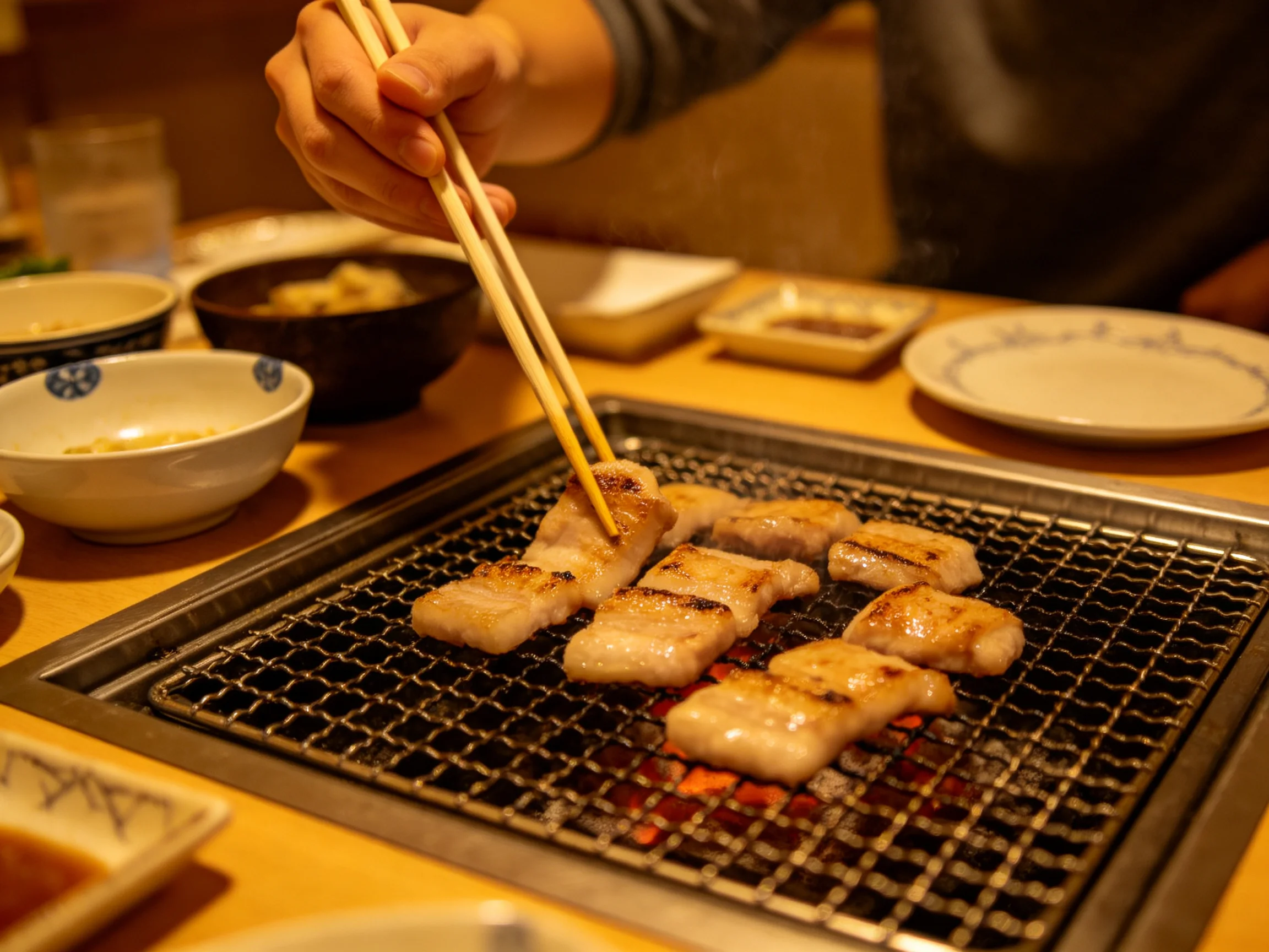 Grilled pork slices cook on a metal grill with chopsticks
