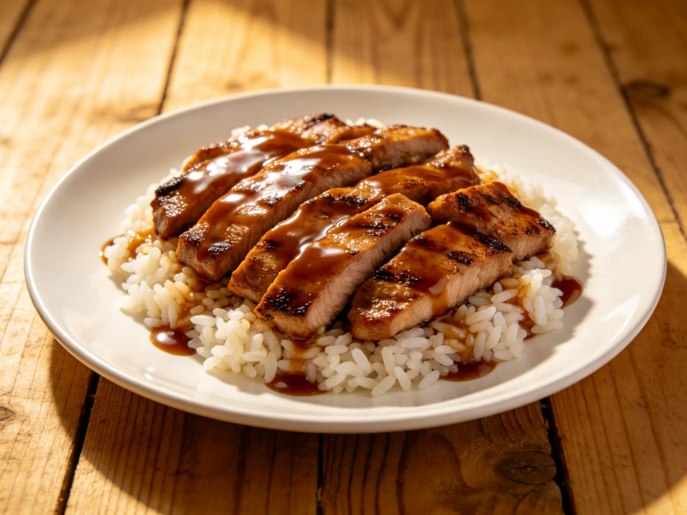 Grilled pork slices served over fluffy white rice with savory sauce