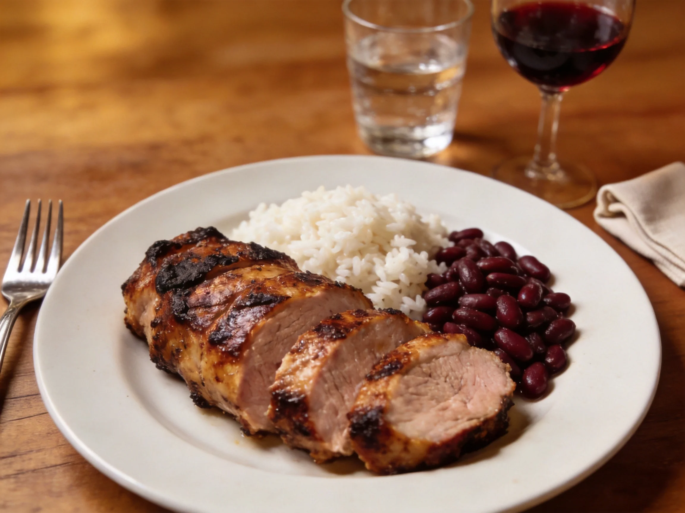 Grilled pork slices served with white rice, red beans, and red wine