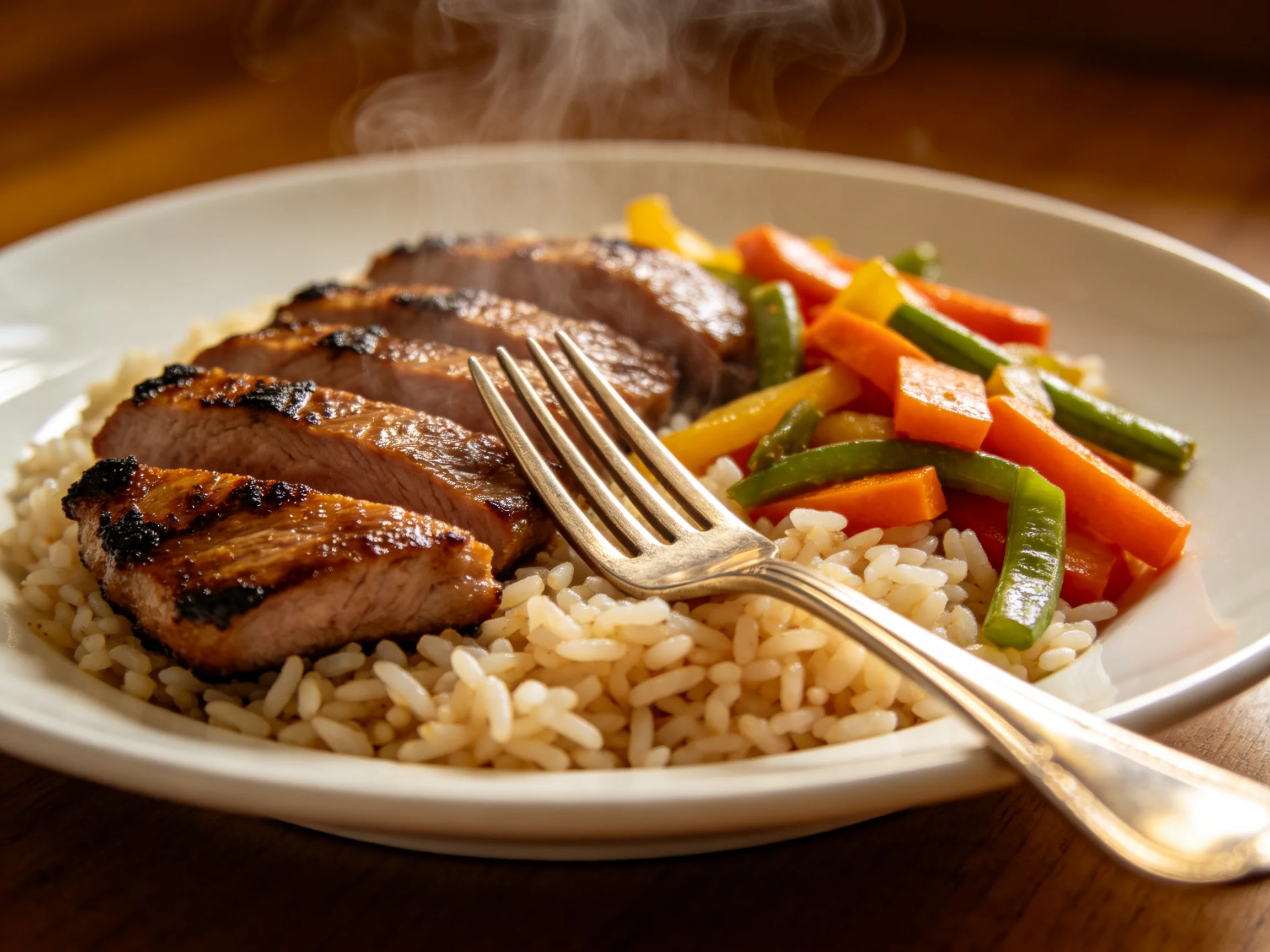 Grilled pork slices with brown rice and colorful stir - fry vegetables
