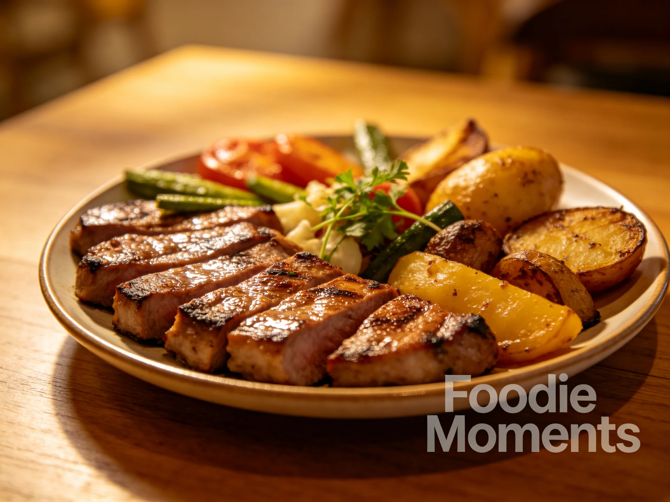 Grilled pork slices with roasted vegetables and potatoes on a wooden table