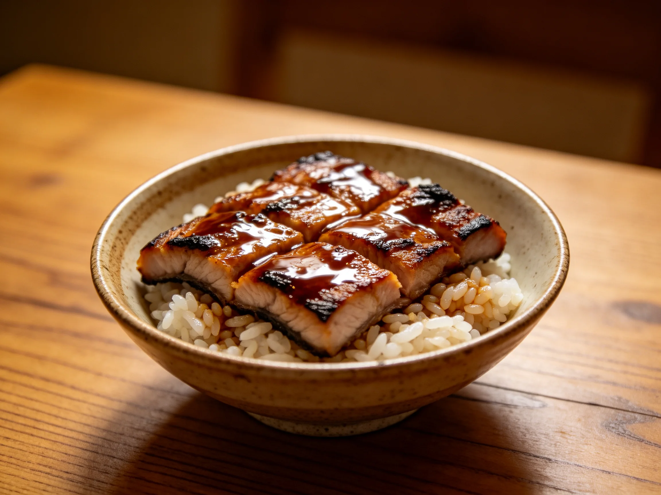 Grilled pork slices with savory sauce over white rice in a ceramic bowl