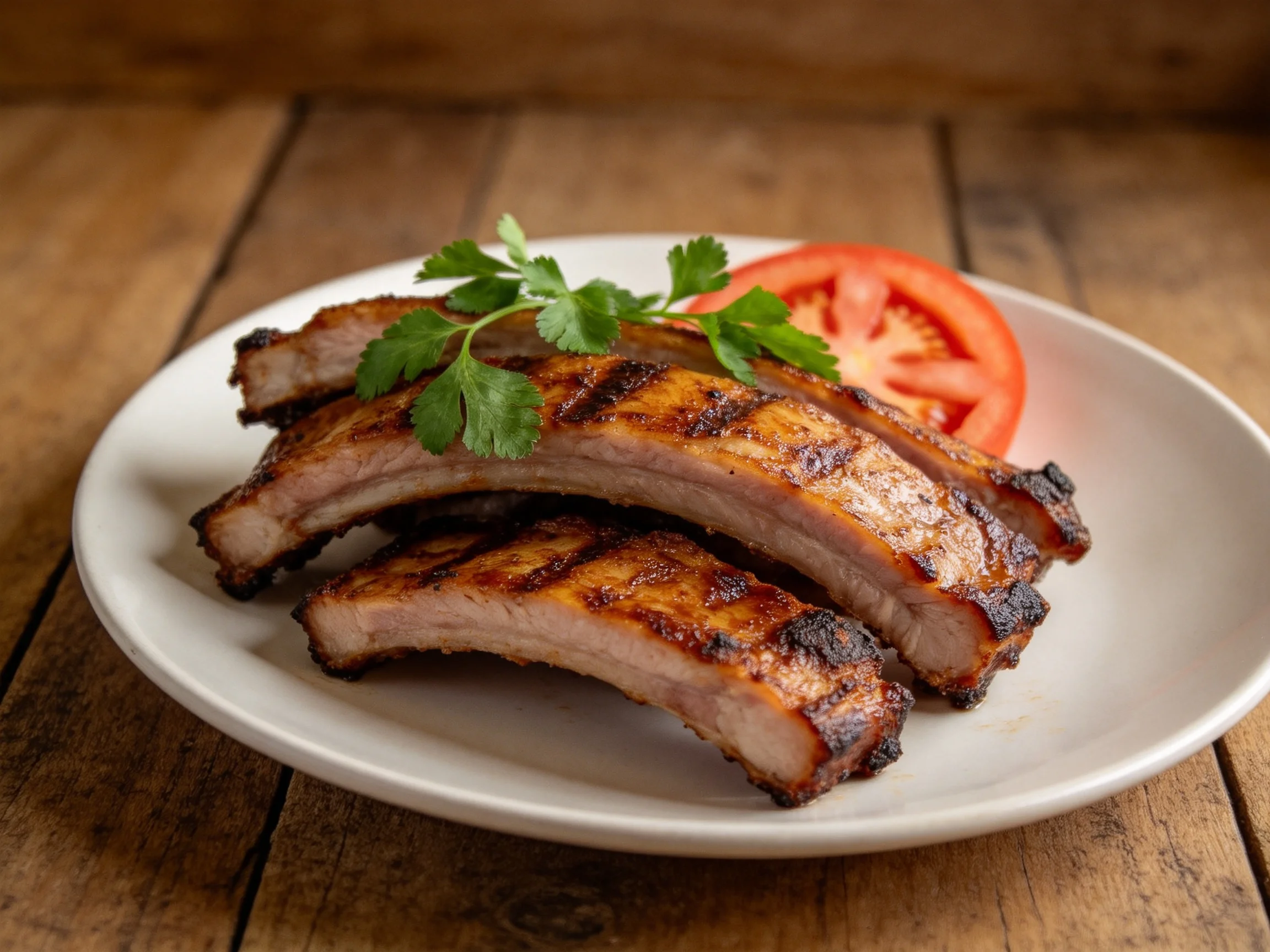 Grilled pork spare ribs with tomato slice and parsley garnish