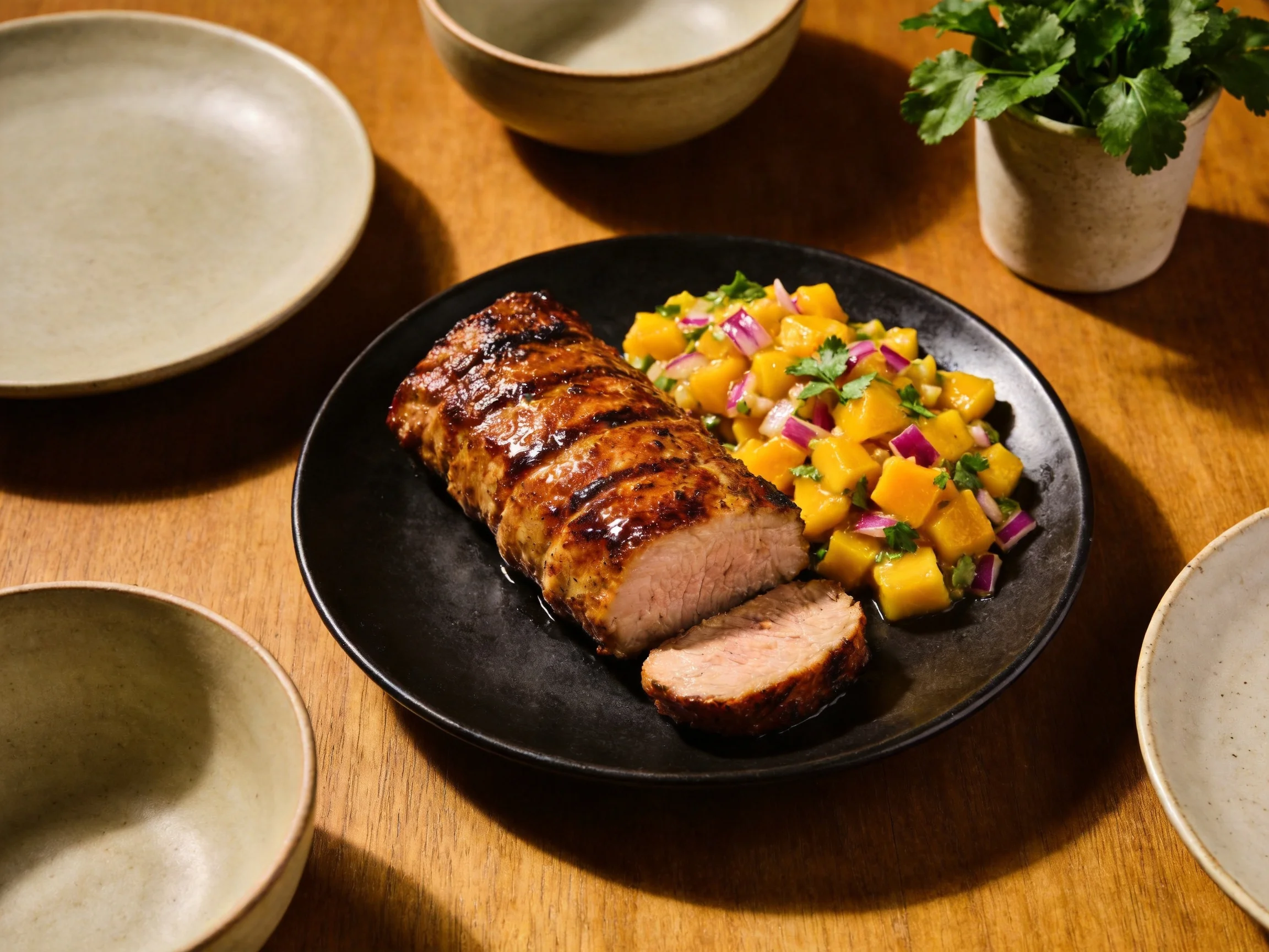 Grilled pork tenderloin with mango salsa on a black plate