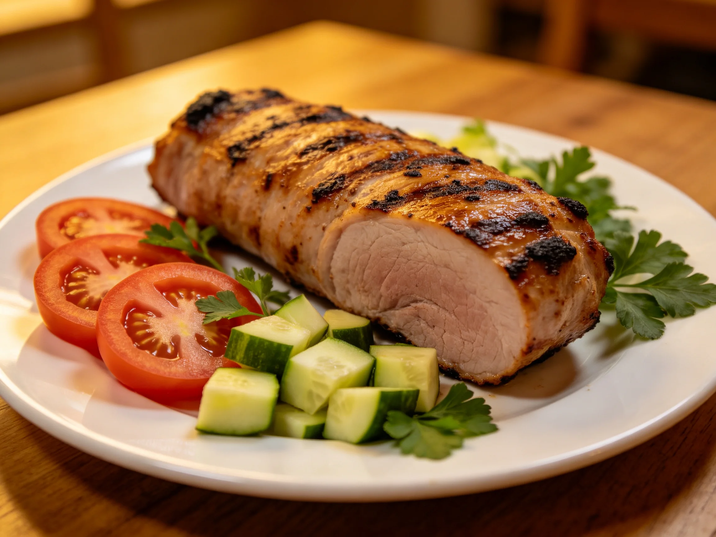 Grilled pork tenderloin with tomato slices, cucumber cubes, and parsley on a white plate