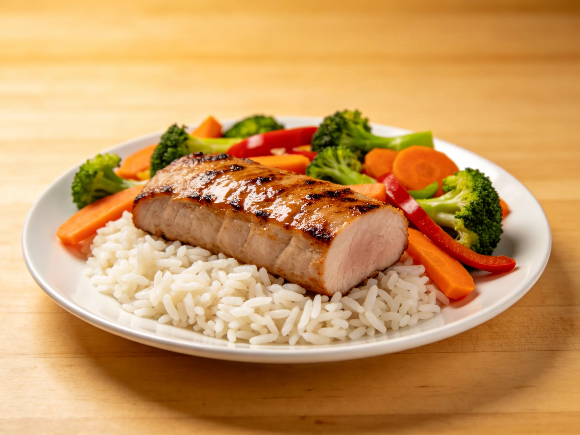 Grilled pork tenderloin with white rice and mixed steamed vegetables