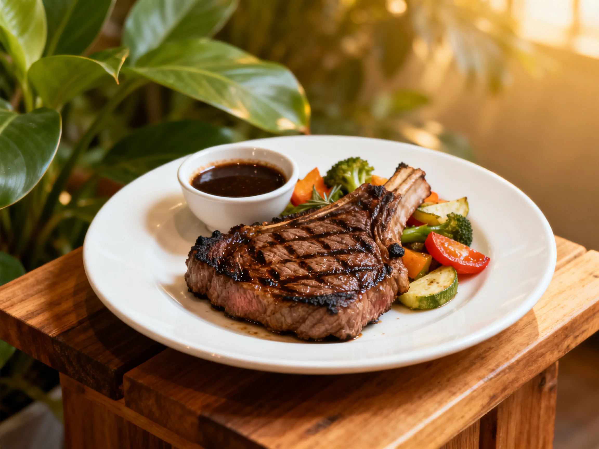 Grilled ribeye steak with mixed roasted vegetables and sauce