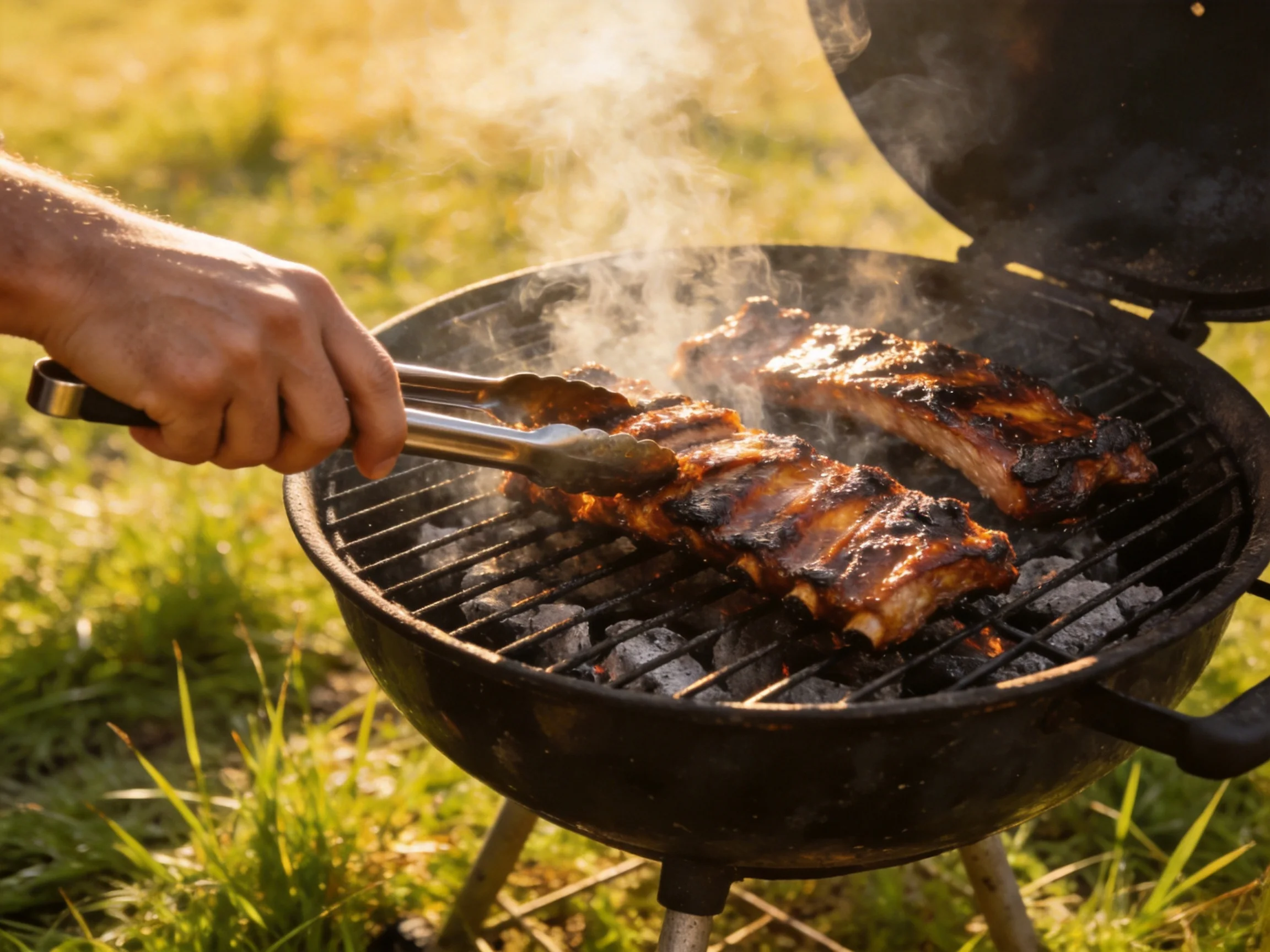 Grilled ribs cooking on a black charcoal BBQ in a sunny backyard