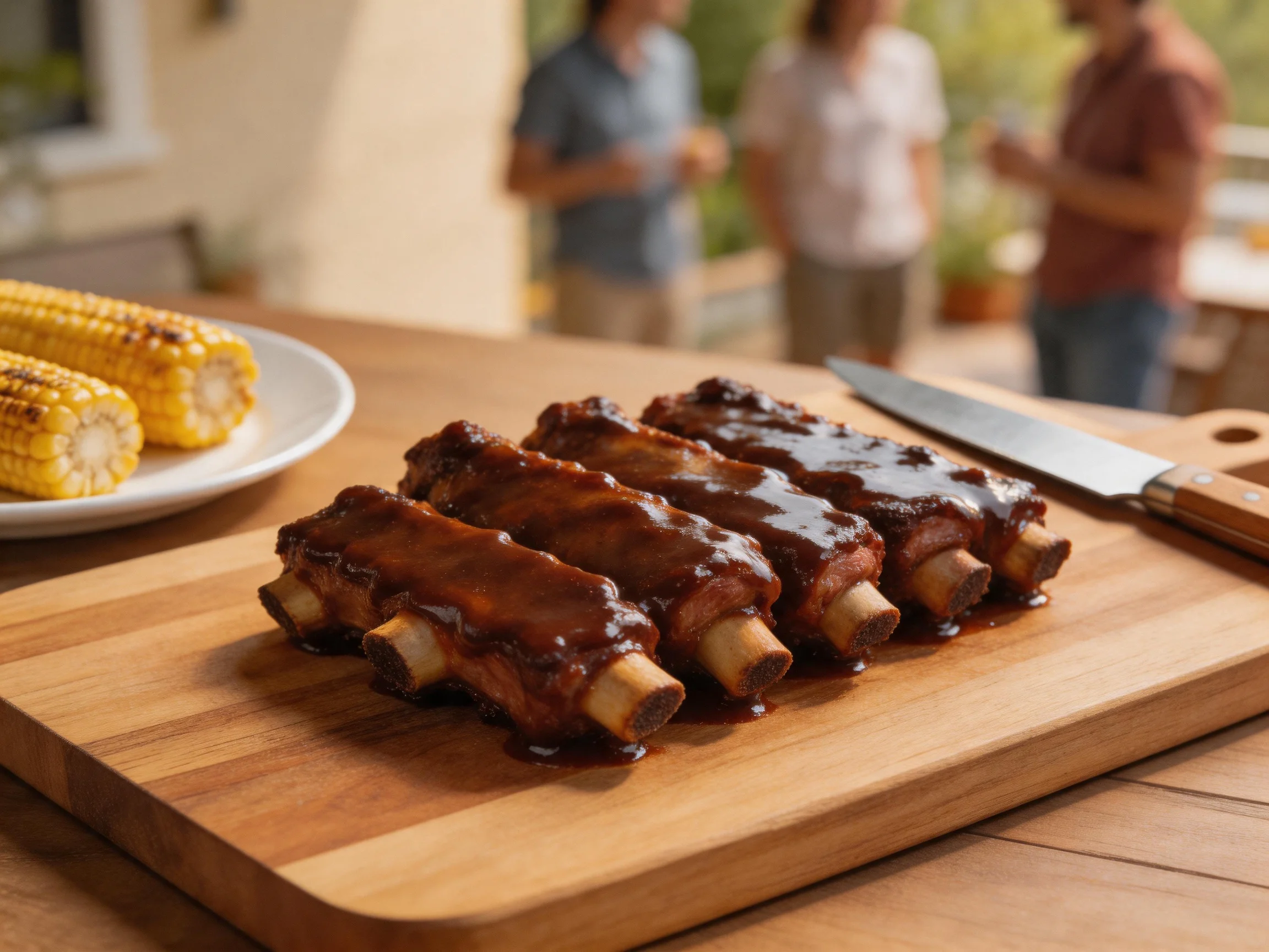 Grilled ribs with barbecue sauce, corn, and knife on wooden cutting board