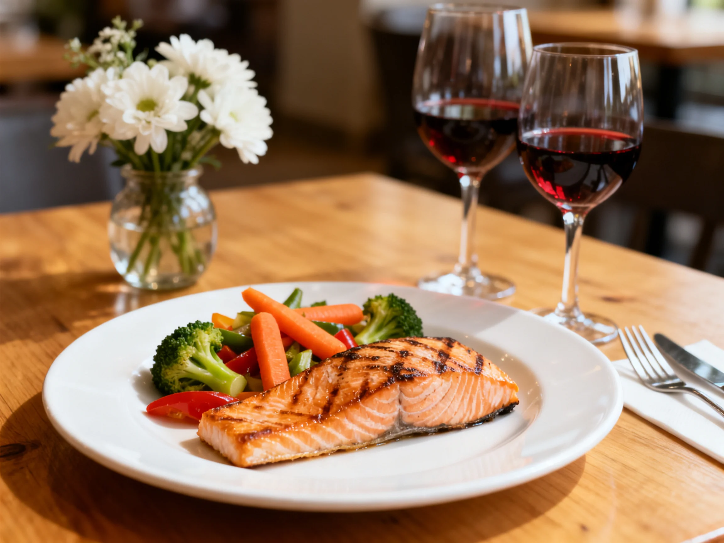 Grilled salmon dinner with mixed vegetables, two wine glasses, and white flowers