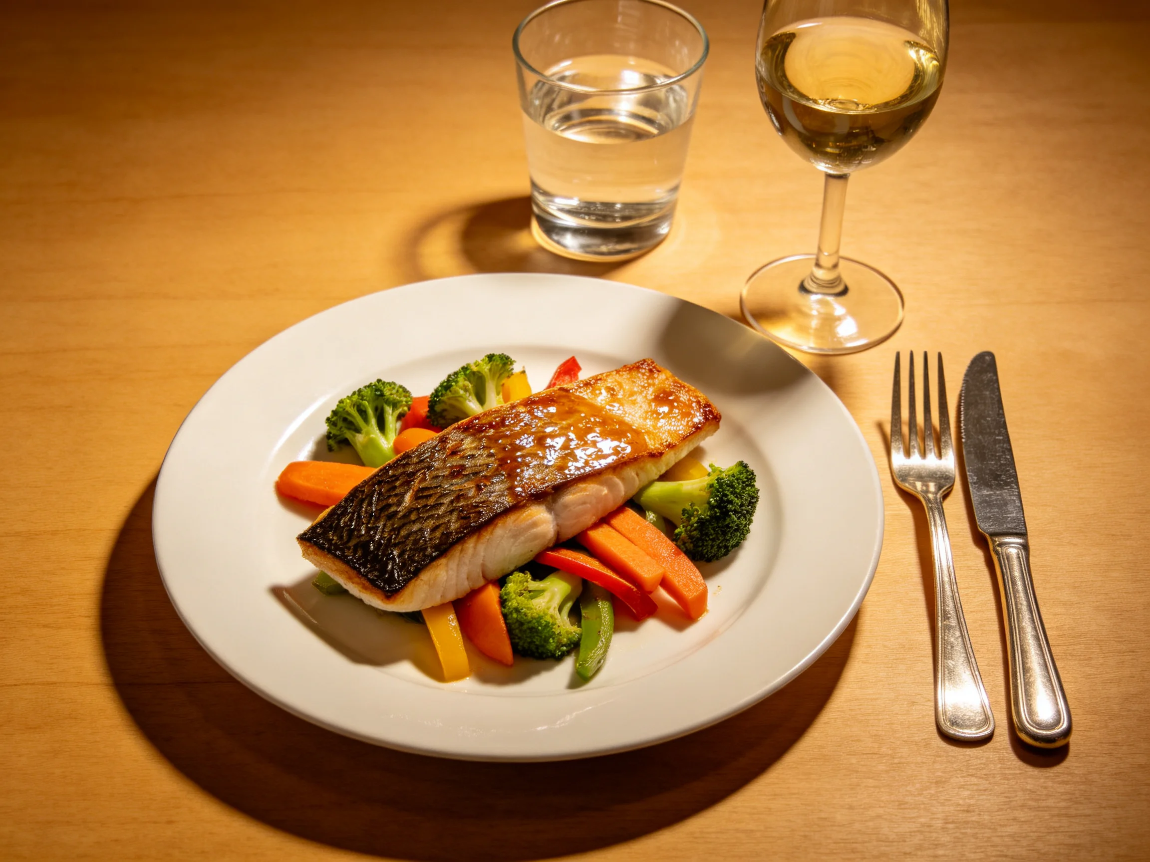 Grilled salmon dish with mixed vegetables, water, and wine