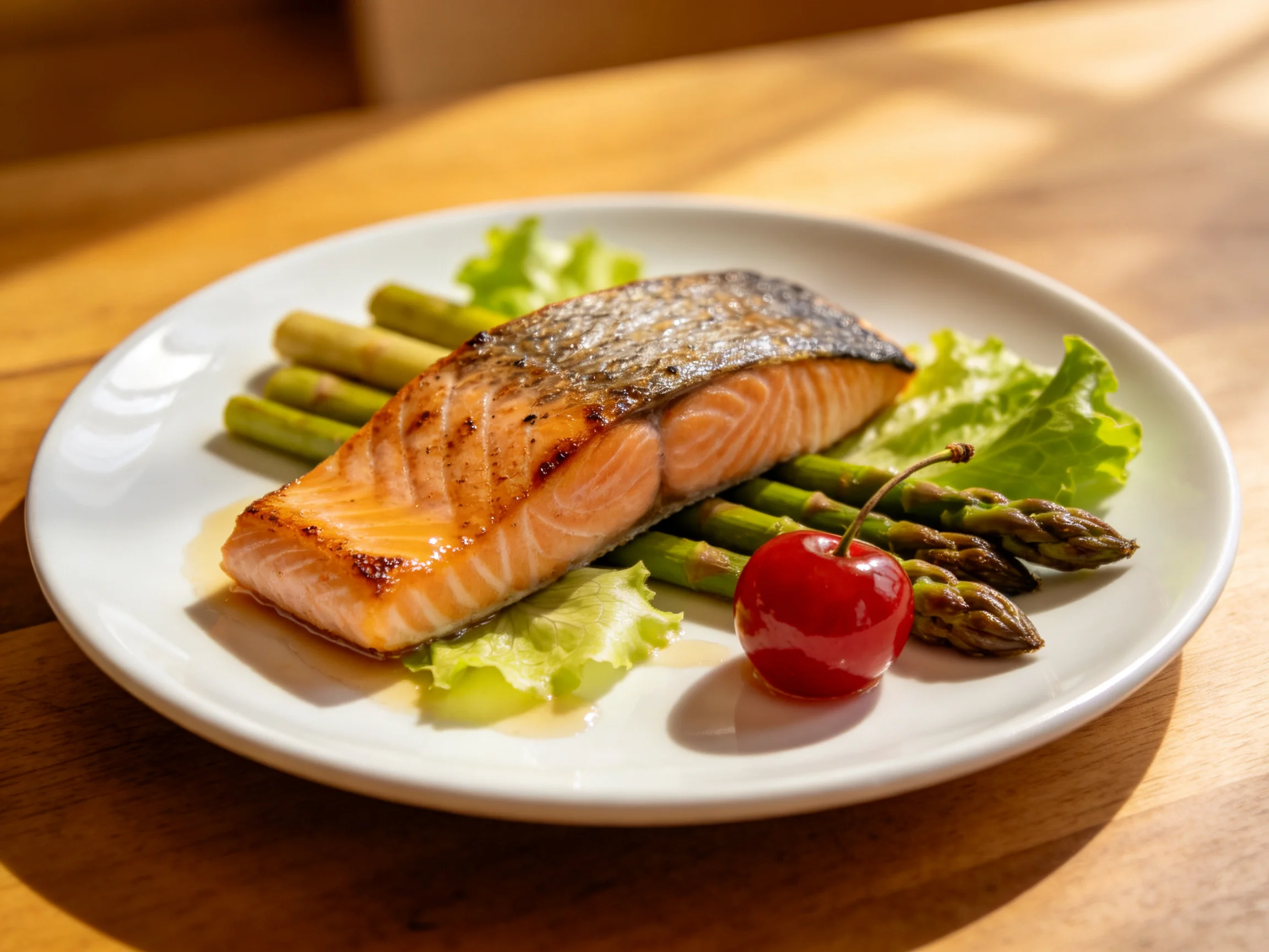 Grilled salmon fillet with asparagus, cherry, and lettuce on a white plate