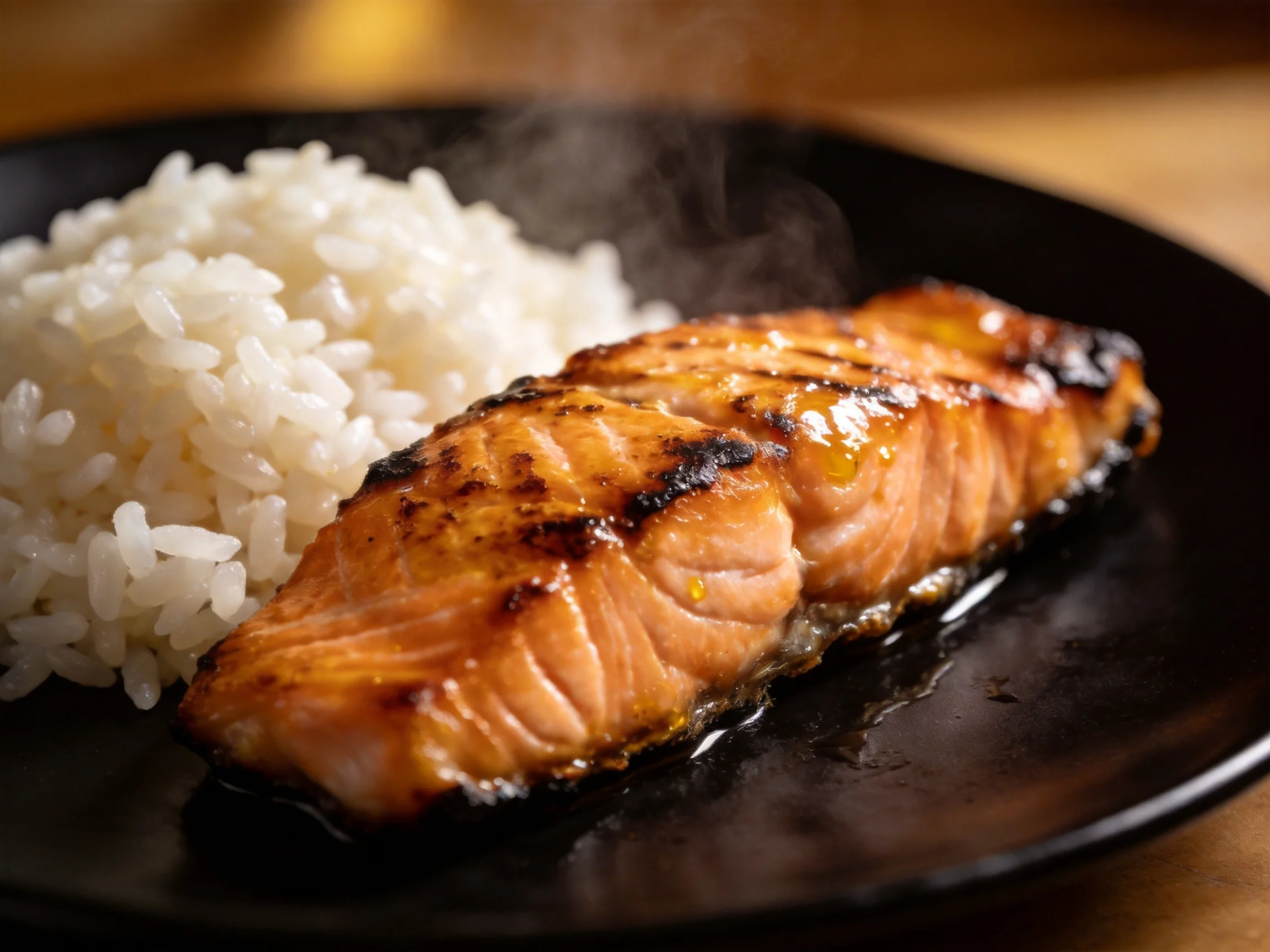 Grilled salmon fillet with steaming white rice on a black plate