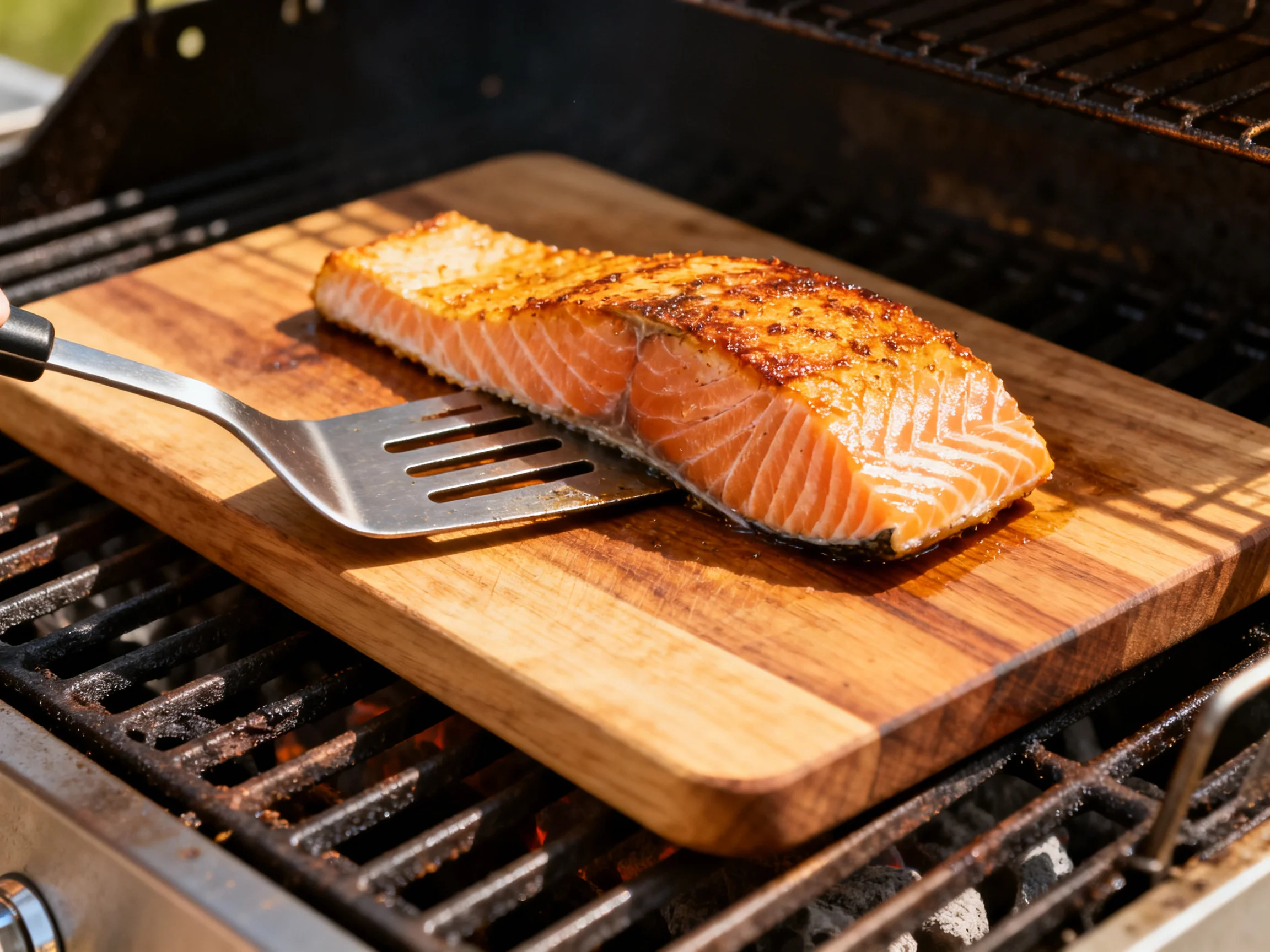 Grilled salmon on a wooden plank over a BBQ grill