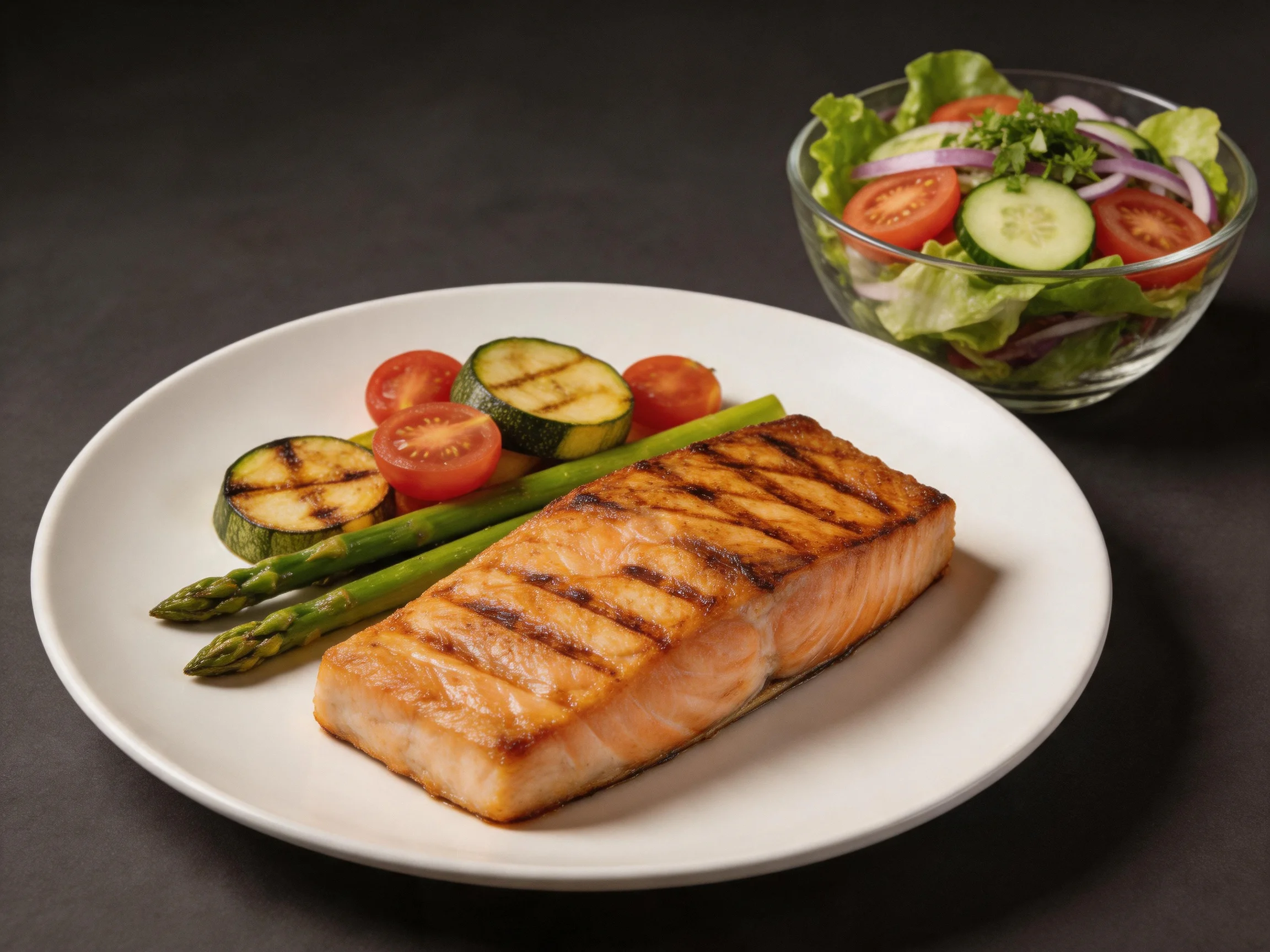 Grilled salmon steak with grilled vegetables and mixed greens salad