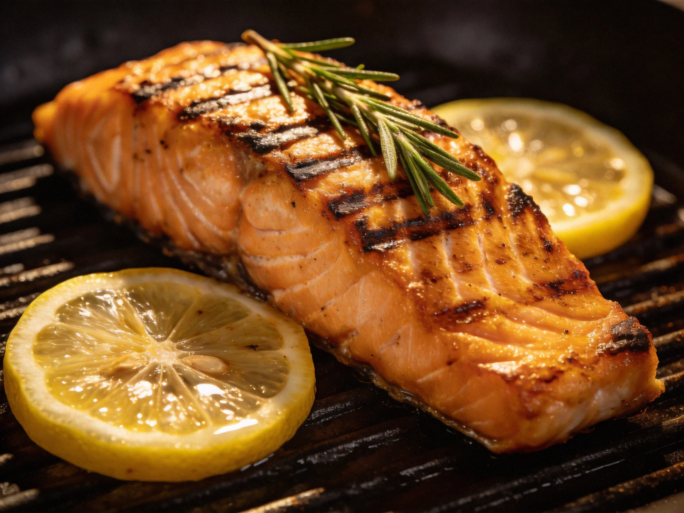 Grilled salmon steak with lemon slices and rosemary sprig