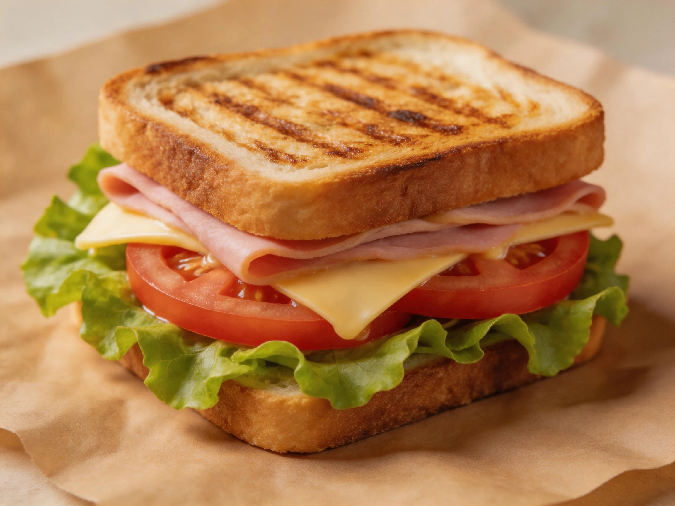 Grilled sandwich with ham, cheese, tomato, and lettuce